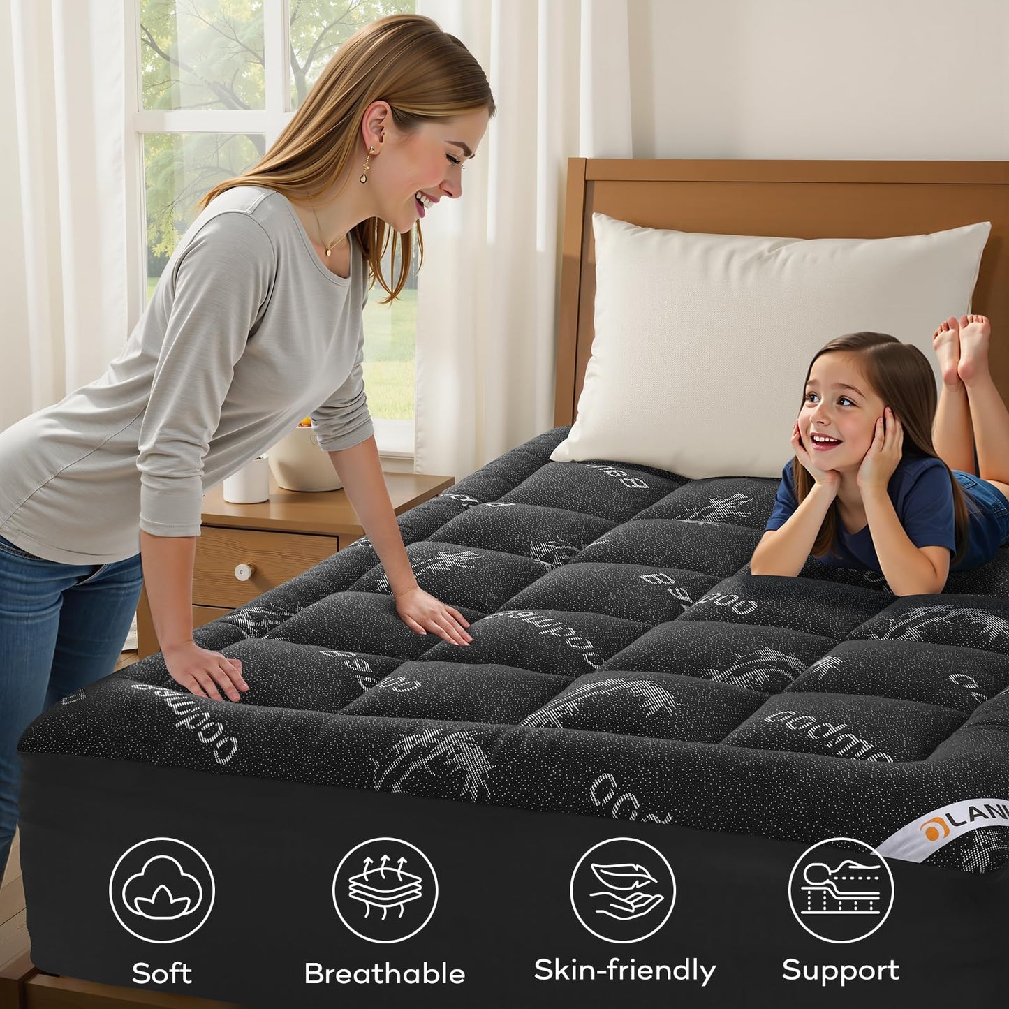 OLANLY California King Mattress Topper, Viscose Made from Bamboo, Cooling Soft Pillow Top Mattress Pad for Back Pain Relief, Plush Down Alternative Fill Bed Topper with Elastic Deep Pocket, Dark Gray