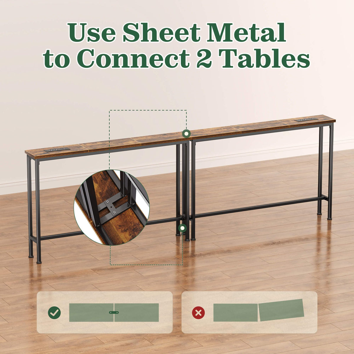 SUPERJARE 78.8 inch Narrow Behind Couch Table with 2 Charging Stations