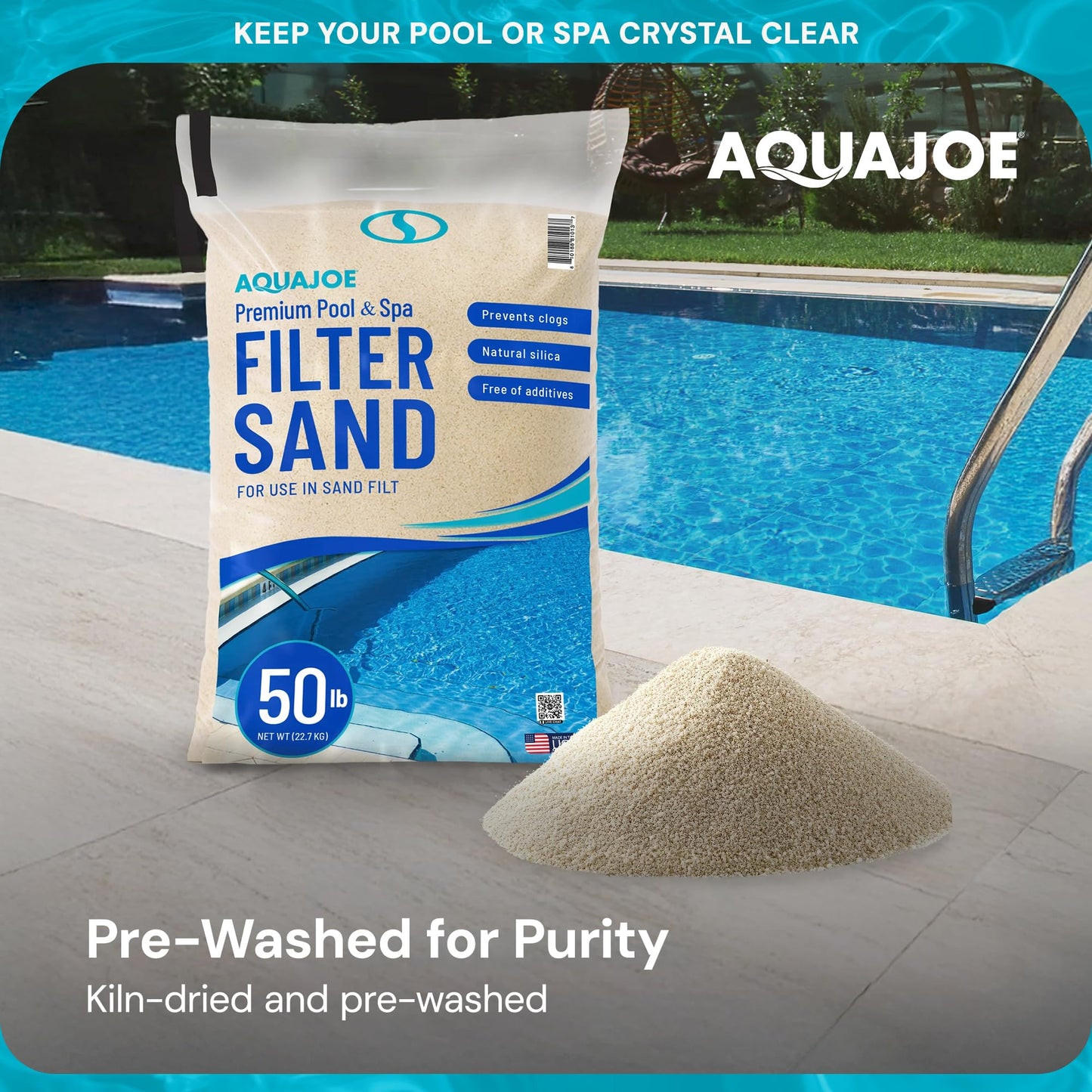 Aqua Joe Premium Pool & Spa Filter Sand, Natural Silica, 50 Lb Bag - Above Ground & Inground Swimming Pool System Accessory - Care, Cleaning & Maintenance, FLTSAND50
