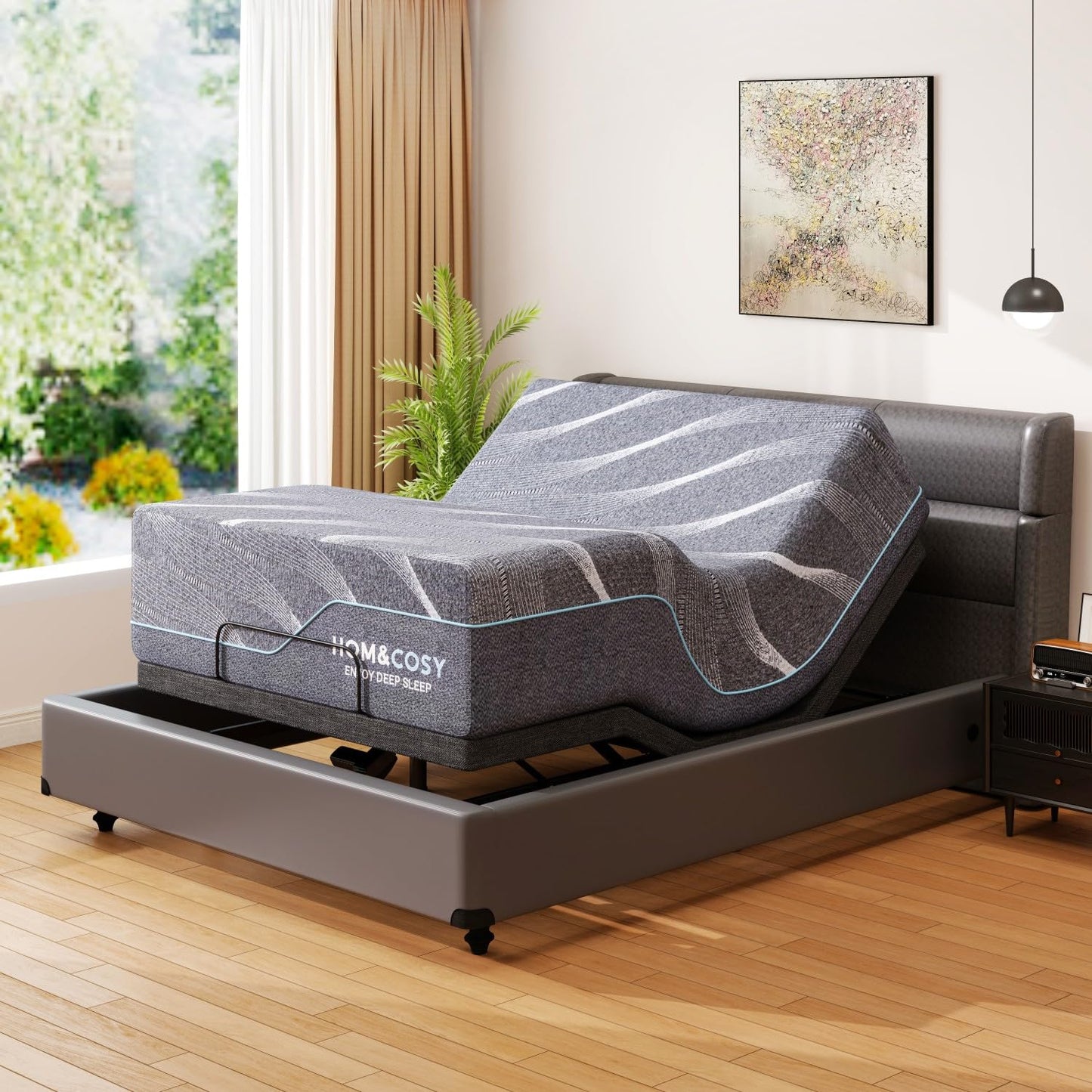 Vipbear Adjustable Bed Frame Massage Full with 14" Memory Foam Grey Mattress Head & Foot & Headrest Incline Electric Bed with Wireless Remote & APP | Zero Gravity | Anti-Snore | USB Ports
