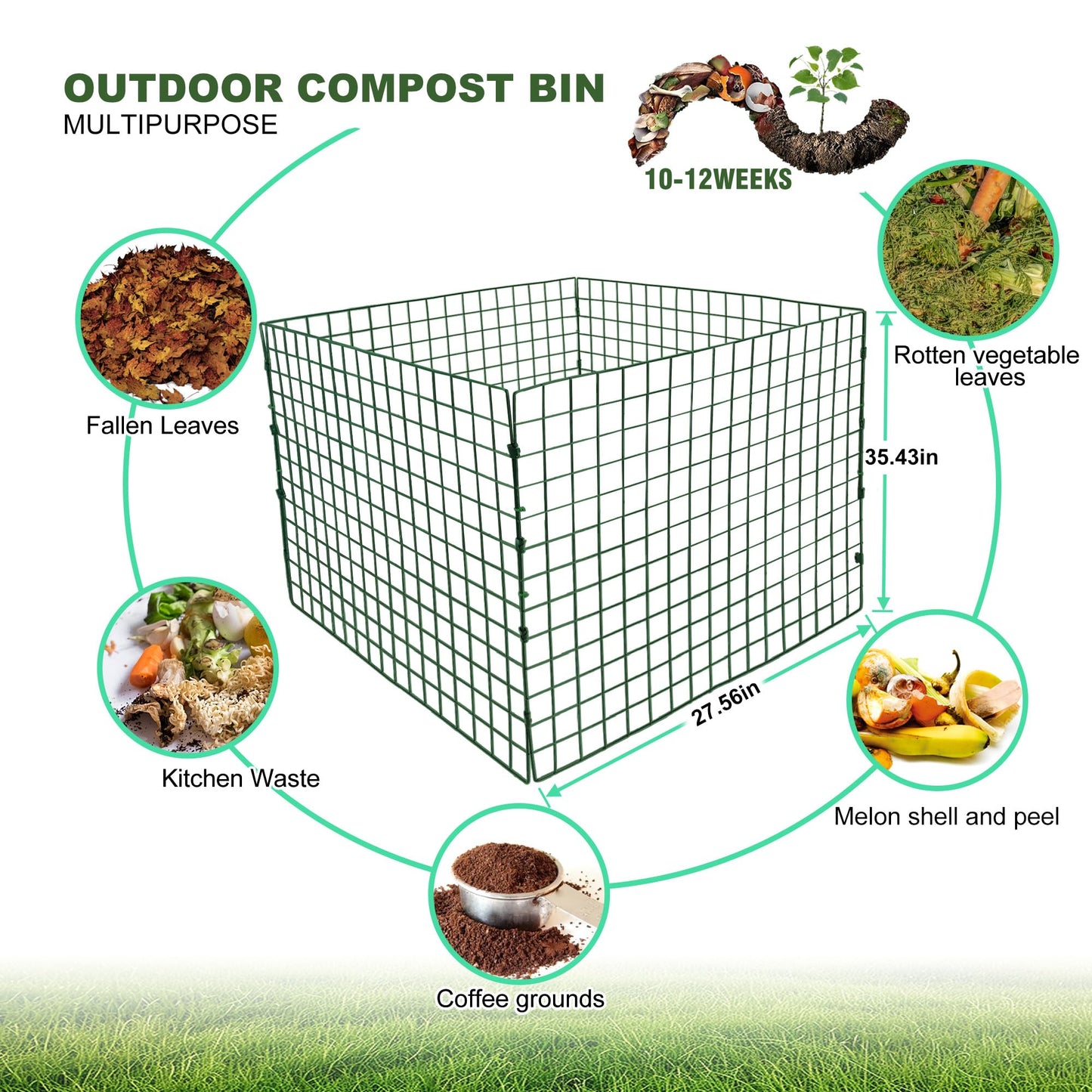Large Compost Bin Outdoor, Square Mesh Garden Wire Compost Bin for Stacking Leaves and Yard Waste Green 36X36X28 Inches