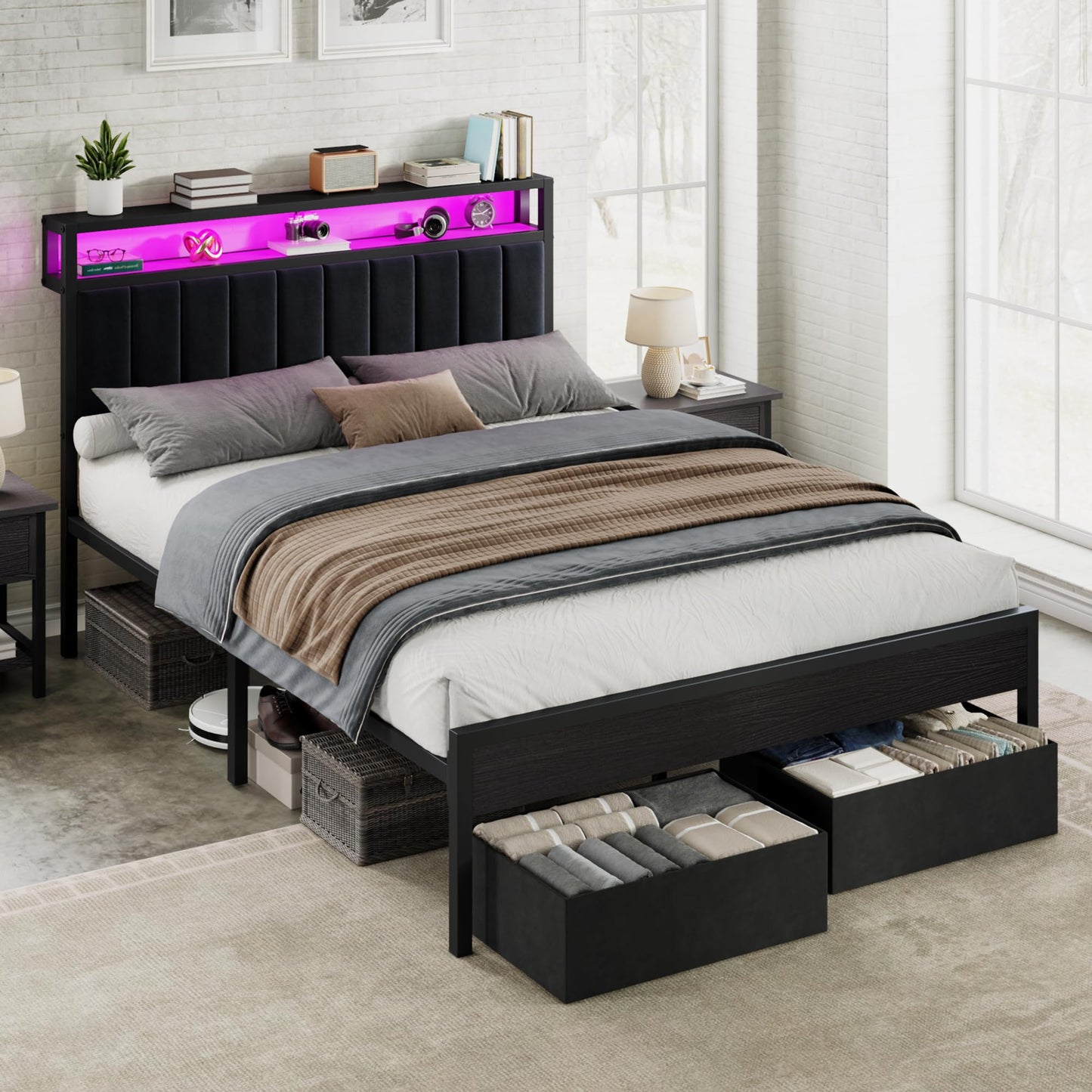 AMERLIFE Queen Bed Frame with LED Lights & 2-Tier Storage Headboard