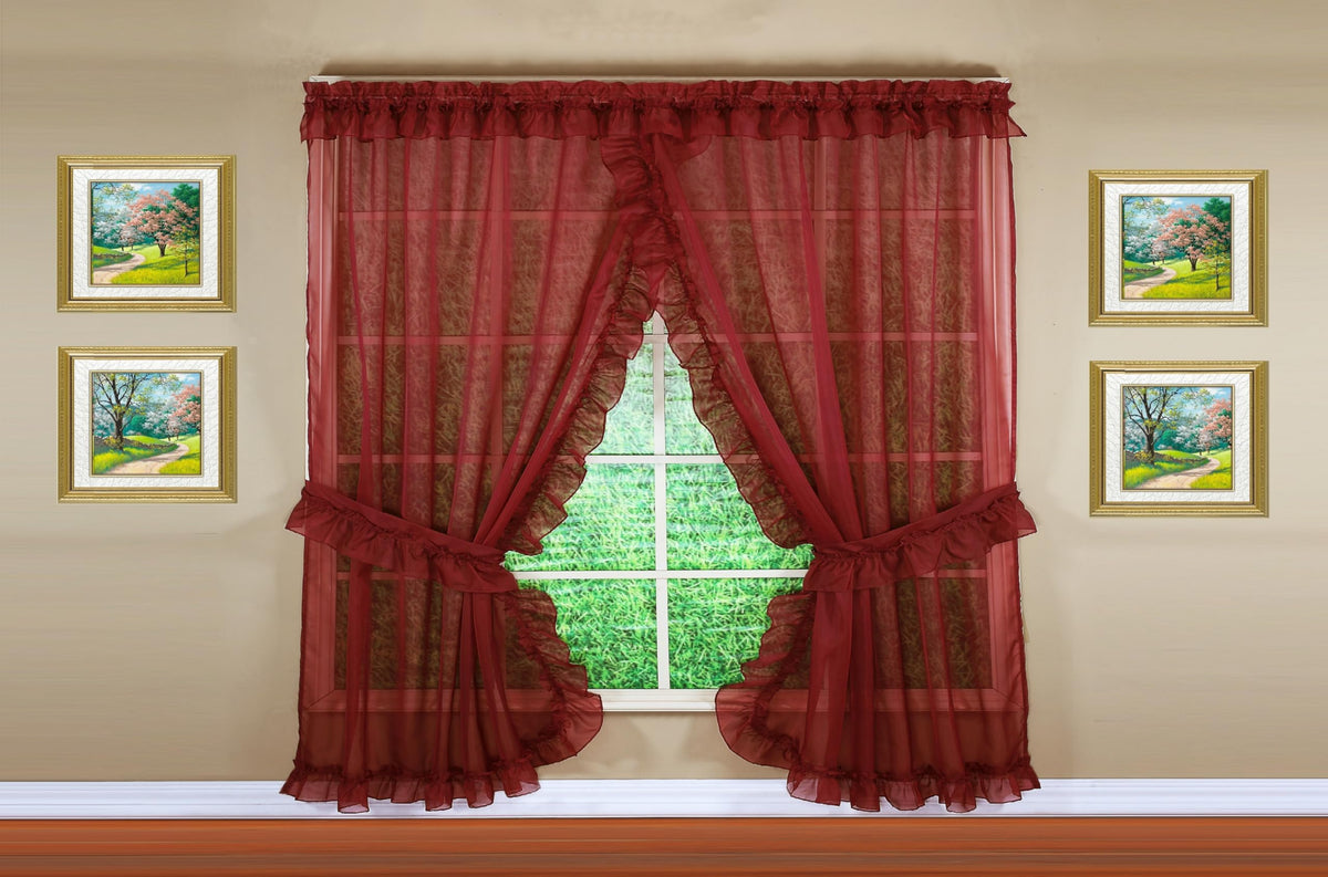 Today's Curtain, Emelia Priscilla Sheer Pair 60" W x 63" L, Burgundy, 5-Piece-Set