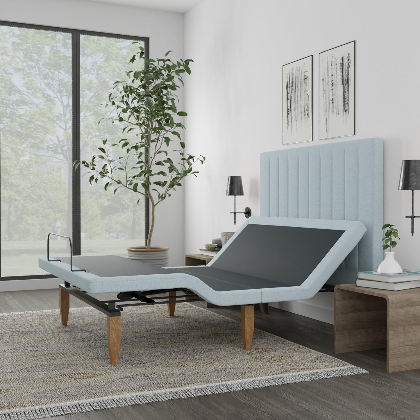 First of a Kind Alex Headboard Adjustable Bed Frame - California King Size - Wireless Remote - Zero Gravity - Underbed Lighting - Three Memory Buttons - Head & Foot Adjustment - Light Blue