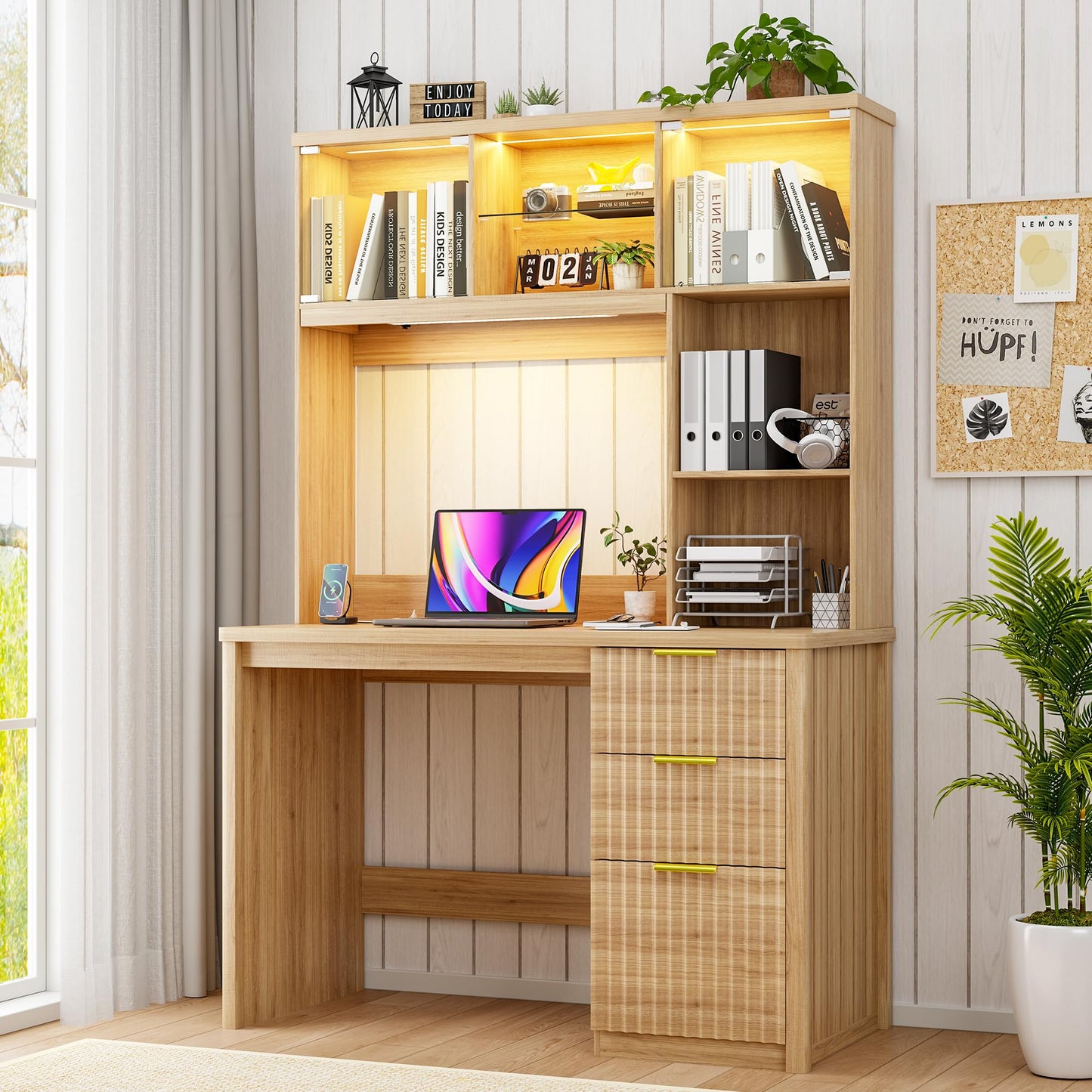 FREDEES LED Study Desk with Hutch, Home Office Desk with Charging Station & Storage Drawer, 70'H Writing Table with Glass Display Cabinet, 3 Color Light Computer Desks for Study, Wood
