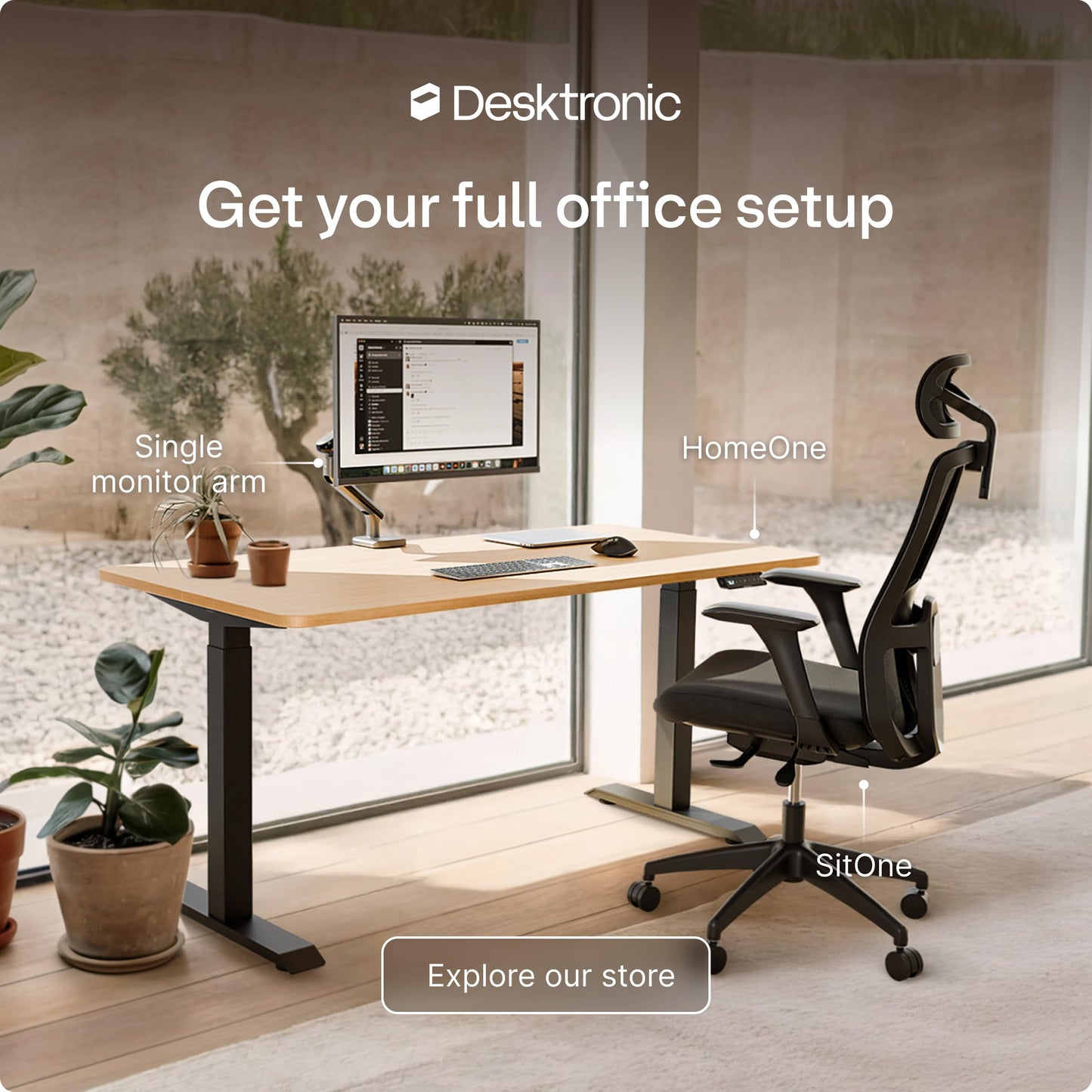 Desktronic HomeOne Standing Desk 54x28 — Ergonomic Sit Stand Home Office Desk, Made in Europe, Electric Dual Motor Height Adjustable, USB & USB-C Charging, Wobble-Free, Touchscreen, 3 Memory Presets