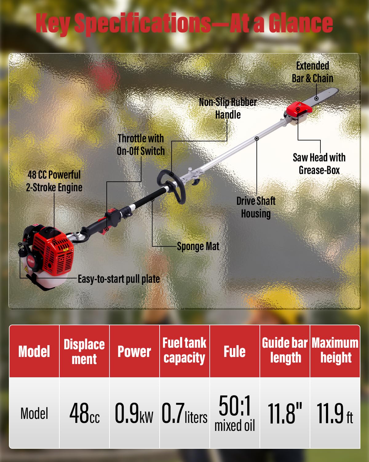 EIDOWA 48CC Gas Powered Pole Saw 16FT Reach, 3.5HP Gas Pole Saws for Tree Trimming with 11.8" Bar, Professional Gas Powered Chainsaw for Tall Trees, Safe Limb Pruner (Red)