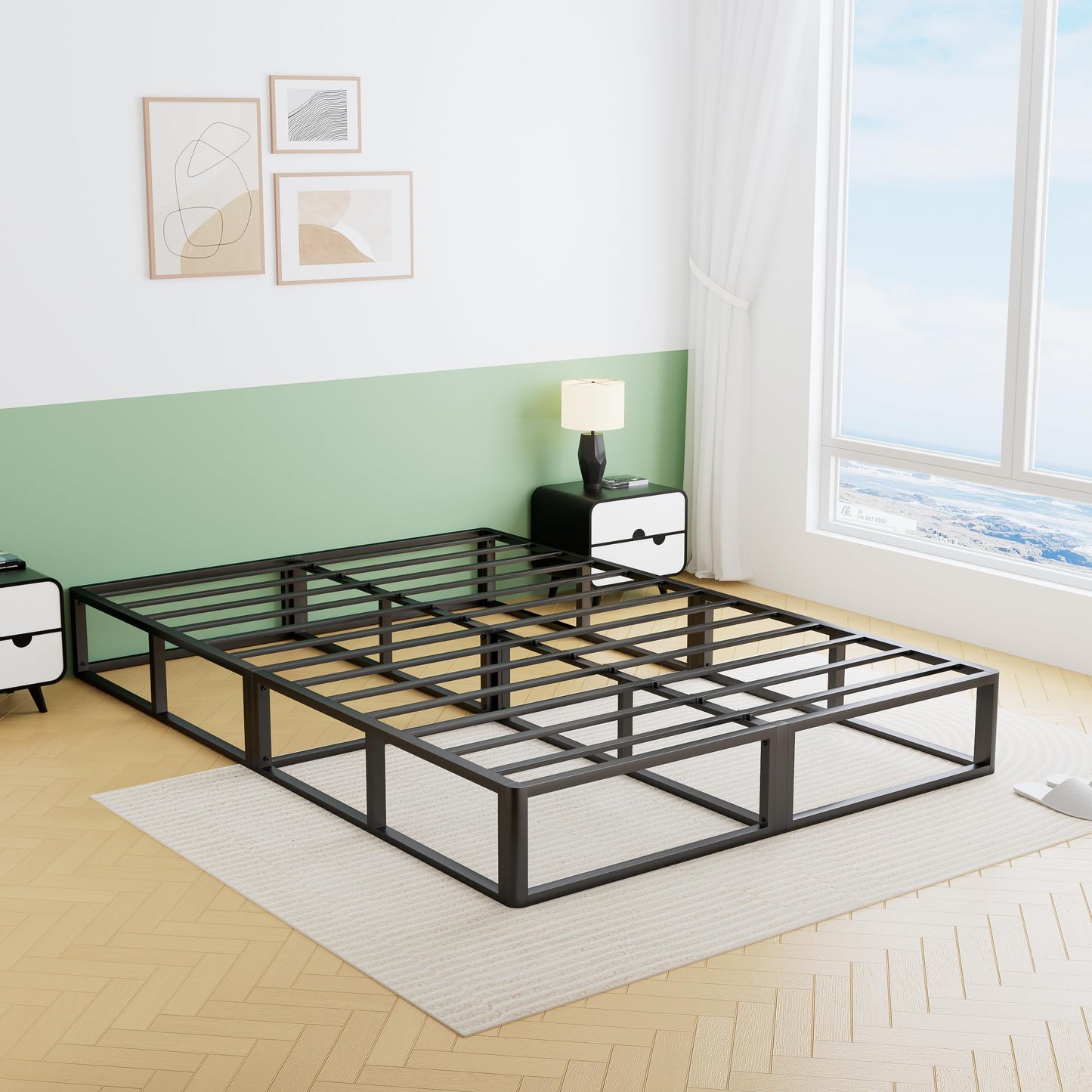 VIPSHOW 10 Inch Queen Metal Bed Frame Round Corner Low Platform Bed Frames 3000 LBS Heavy Duty Steel Slats Support Mattress Foundation No Box Spring Needed, Noise Free, Easy Assembly, Black