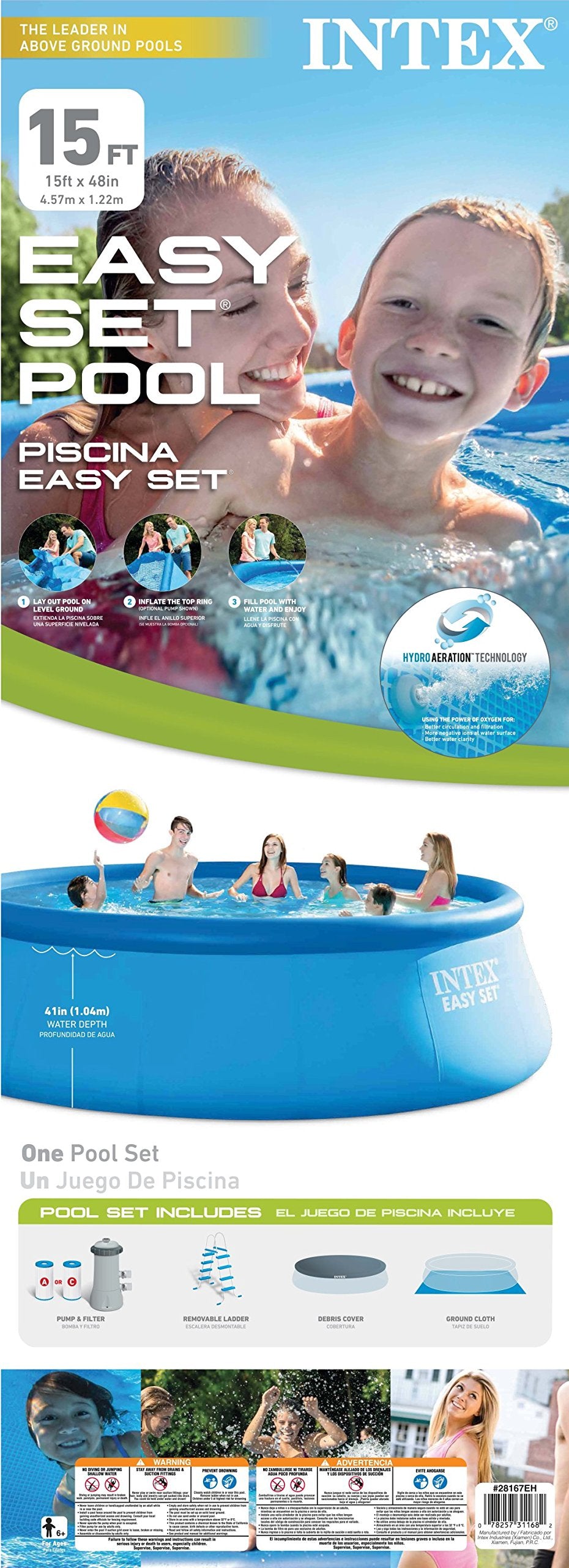 INTEX Easy Set Inflatable Swimming Pool Set: 15ft x 48in – with 1000 GPH Cartridge Filter Pump and Hydrotools Chlorine Dispenser – Easy Assembly