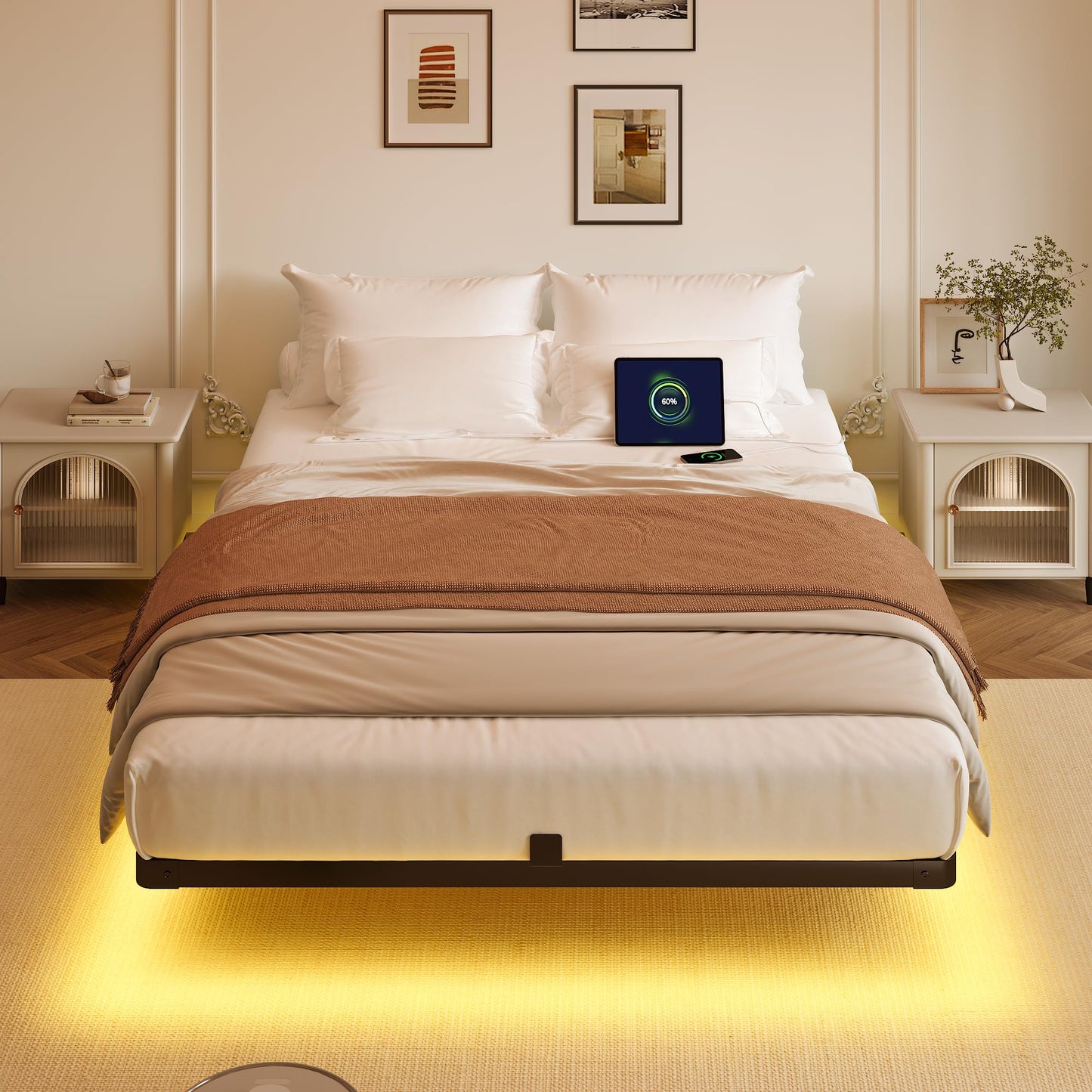 Decofy Queen Size Floating Bed Frame with LED Lights and Charging Station, Modern Minimalist Design, No Spring Mattress Required, Easy to Assemble