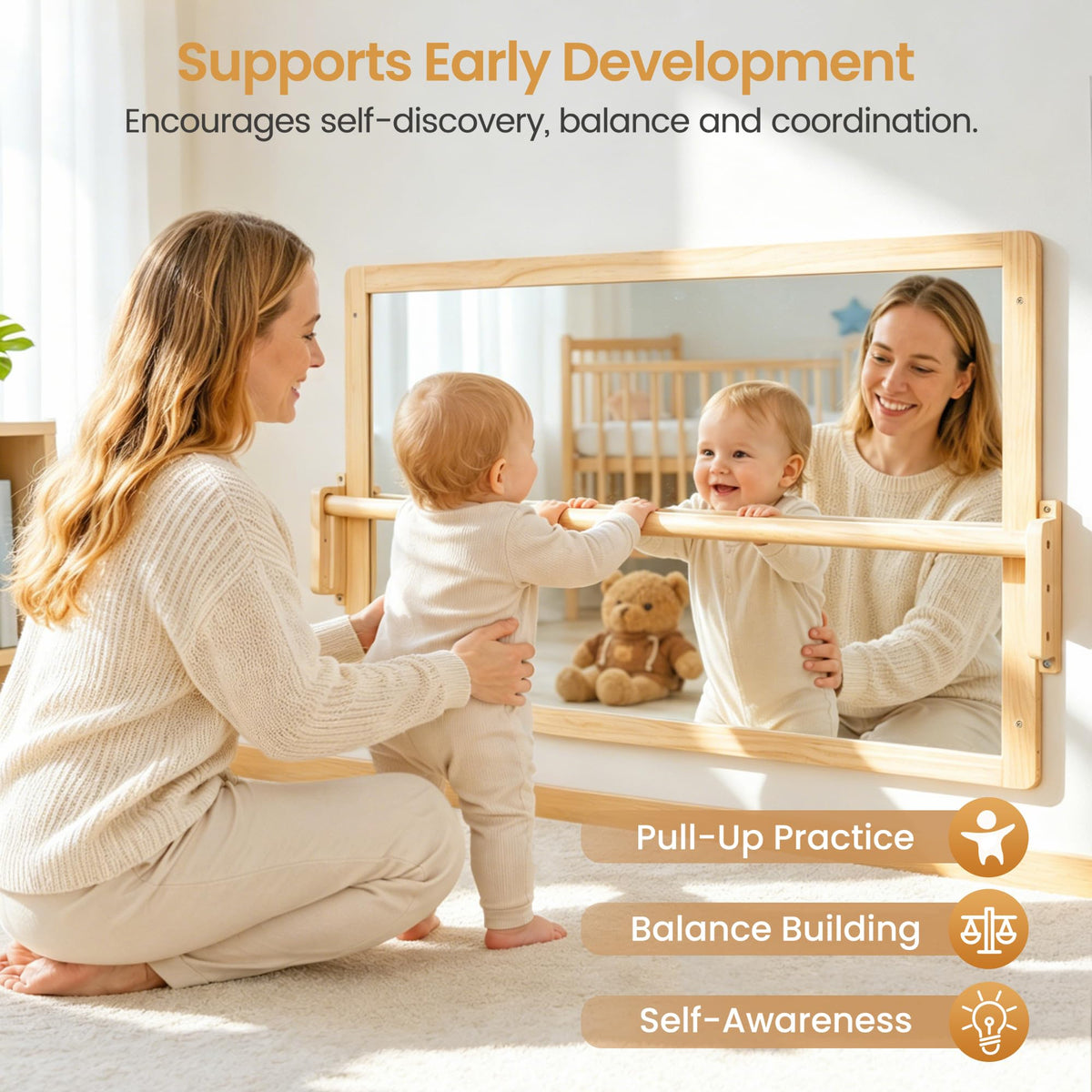 Brezlio Montessori Mirror with Pull Up Bar, Large 38.2 x 23.6 in Natural Wood & Shatter-Resistant Acrylic Baby Mirror for Tummy Time, Horizontal/Vertical Floor Use, Wall Mounting and Pull-to-Stand