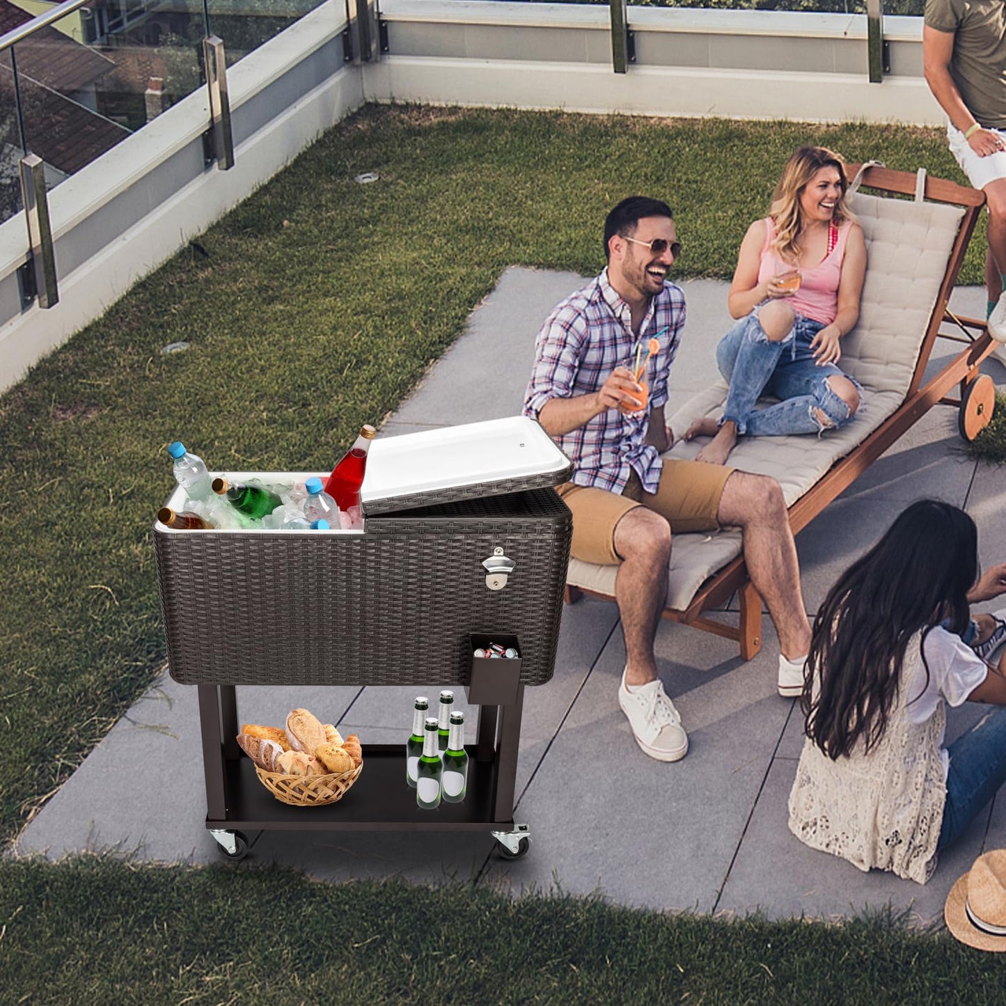 Outvita 80 Quart Rolling Ice Chest, Portable Bar Drink Cooler with Catch Basin, Bottom Storage Tray and Bottle Opener for Patio Party BBQ Beach Activities (Rattan)