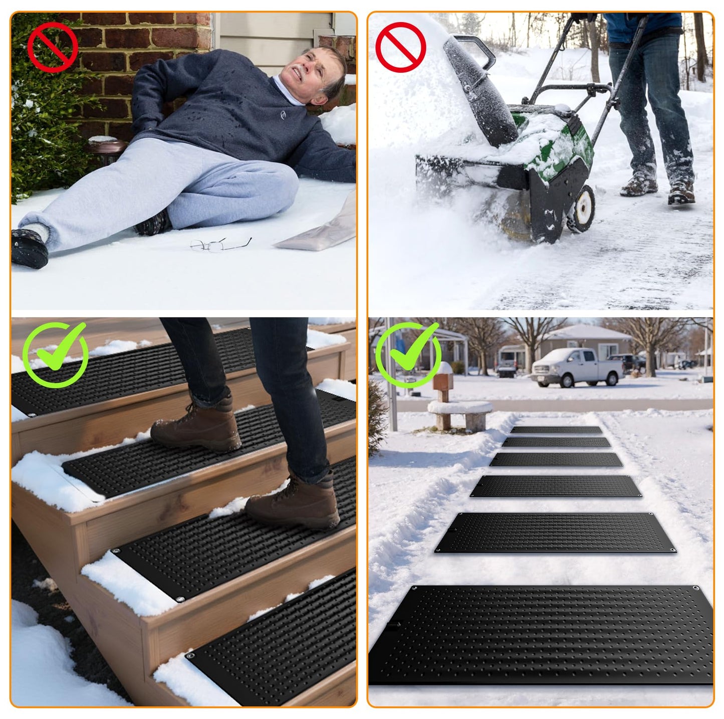 4 Pcs Heated Snow Melting Mats - 10 x 30 Inch Heated Outdoor Mats with 6.5 ft Power Cord, No-Slip Snow and Ice Melting Mat for Walkways, Electric Snow Melting Mats for Decks Sidewalks Driveway Stair