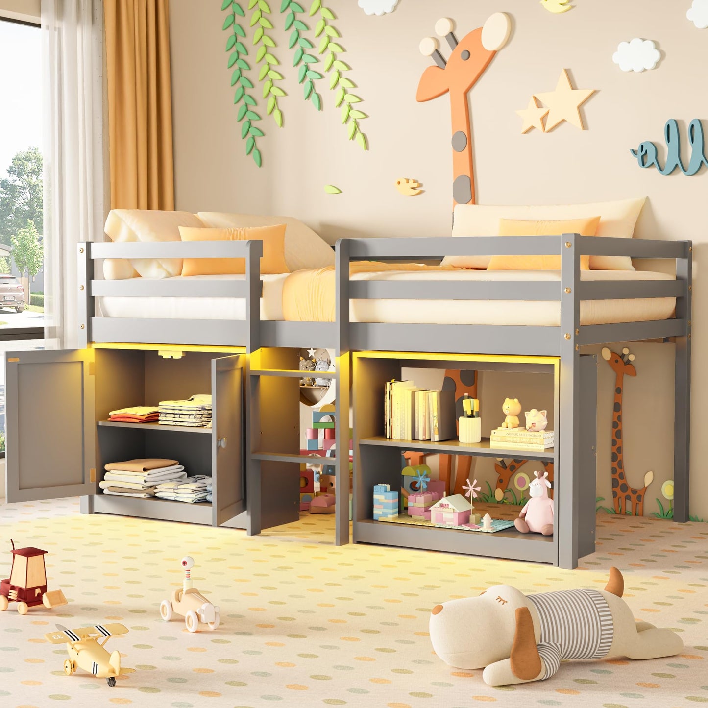 TOLEAD Wood Low Loft Bed Twin Size with Storage Cabinet, Shelf and LED Lights, Wooden Kids Loft Bed with 14" H Safety Guardrail, Ladder and Under-Bed Play Space, Grey