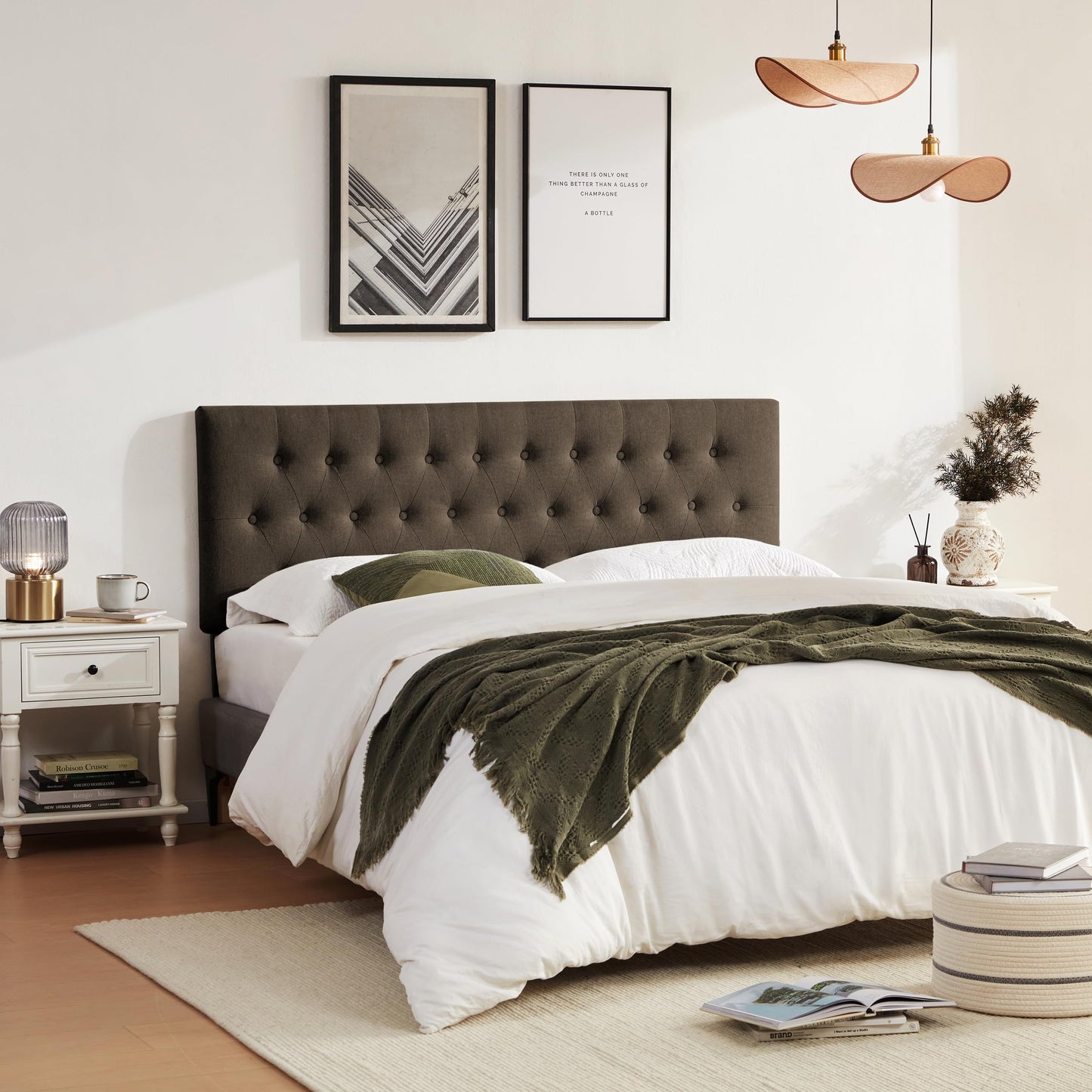 Huatean Home Tufted Upholstered Headboard California King, Solid Wood Head Board with Durable Metal Legs, Adjustable Height Bed headboard from 37” to 51” Fabric Headboard in Button Design, Chocolate