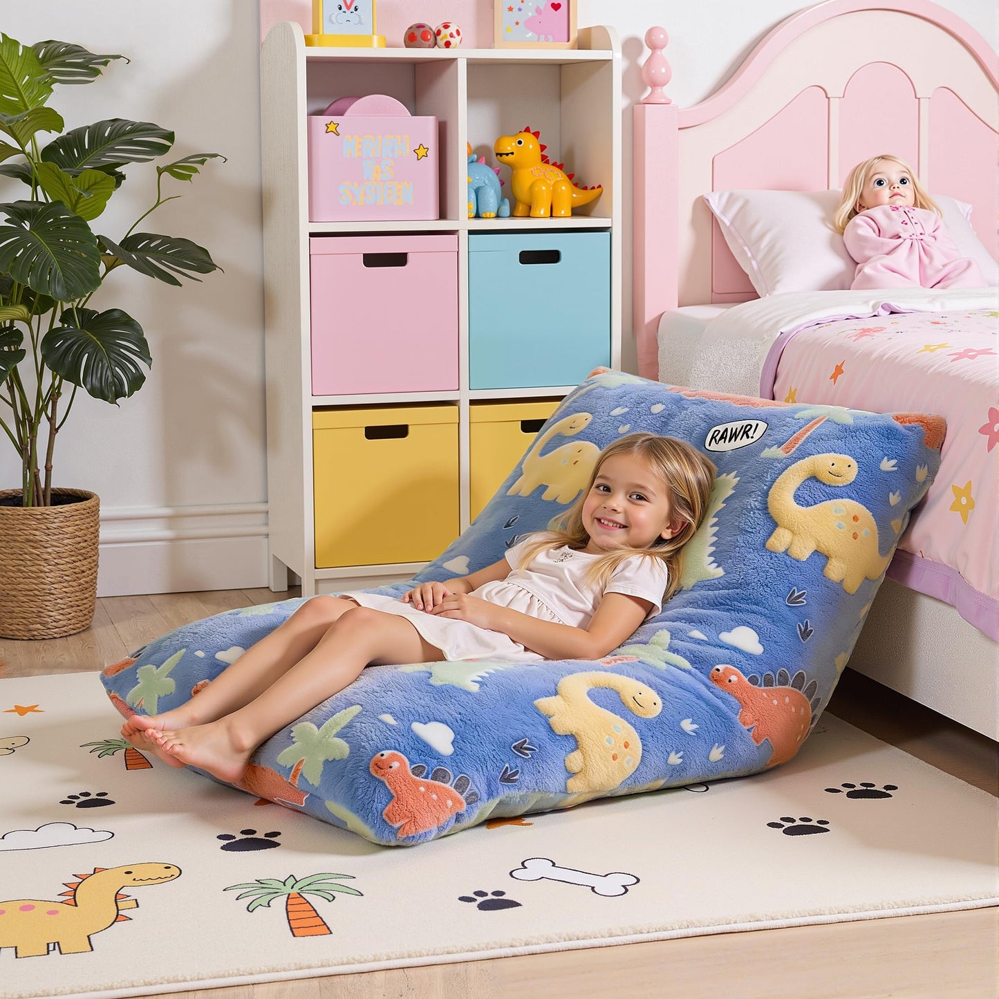 BRINJOY Kids Bean Bag Chair Bed, 3 in 1 Memory Foam Filled Bean Bag Sofa with Removable Cover for Playroom Daycare Bedroom, Toddlers Lazy Floor Mattress Lounger for Boys Girls, Glowing Dinosaur