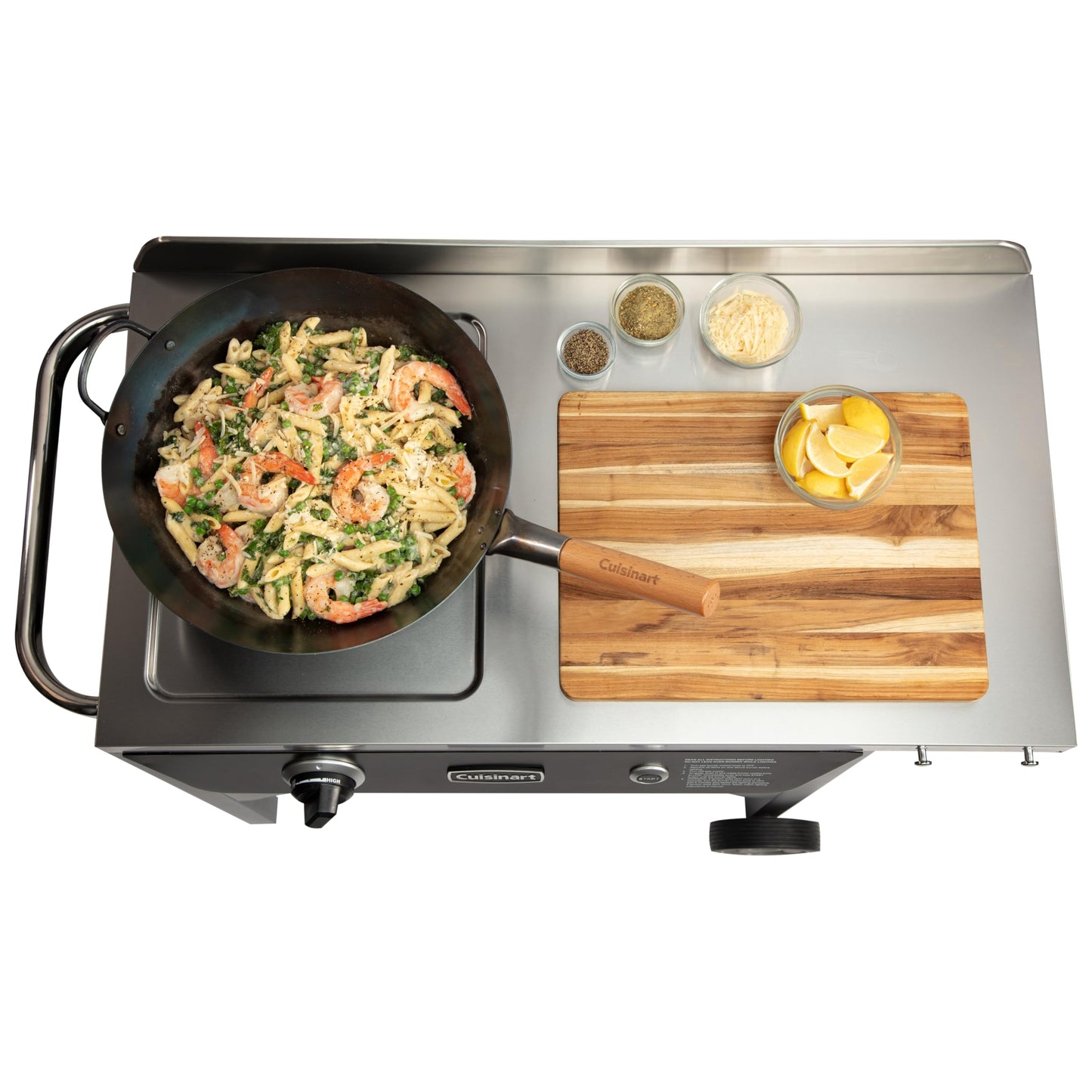 Cuisinart Outdoor Wok Station, 50,000 BTU Propane Outdoor Wok Burner with Prep Table, 14" Carbon Steel Fry Pan, Stainless Steel Side Table, Storage, Outdoor Cooking Station for Stir Fry, Searing, BBQ