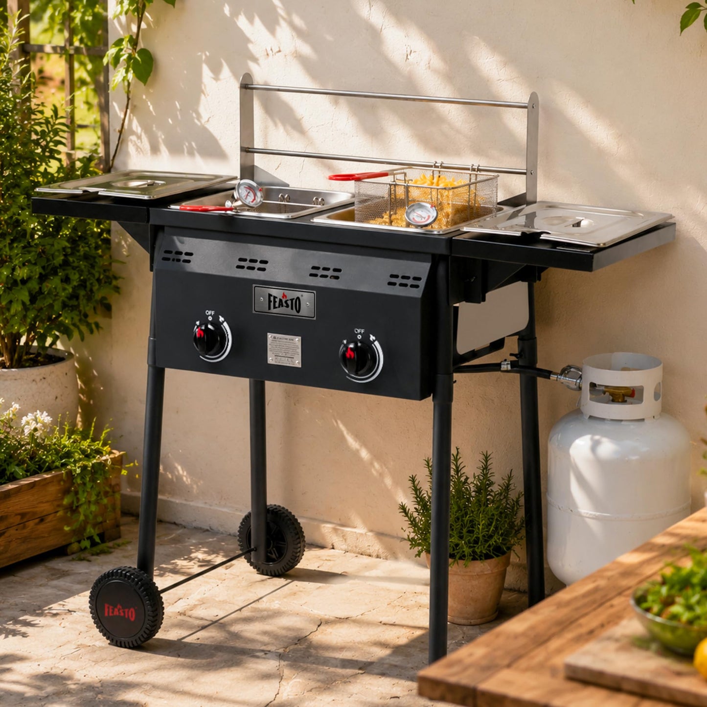 Feasto Outdoor Propane Deep Fryer with Rolling Cart, Dual Tank Fish Fryer with 2 Independent Burners, 100,000 BTU, 4-Gal Oil Capacity, Frying Station with Baskets for Fish, Fries & Chicken