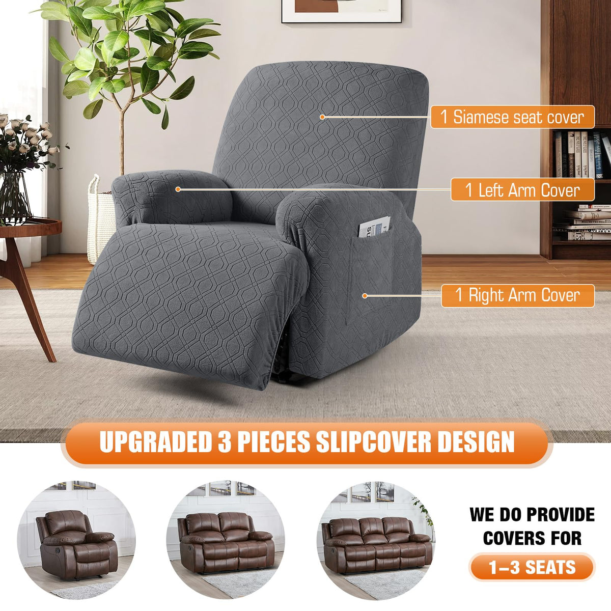 VANSOFY Stretch Recliner Chair Cover, Slipcover, Dark Gray, 1 Seater