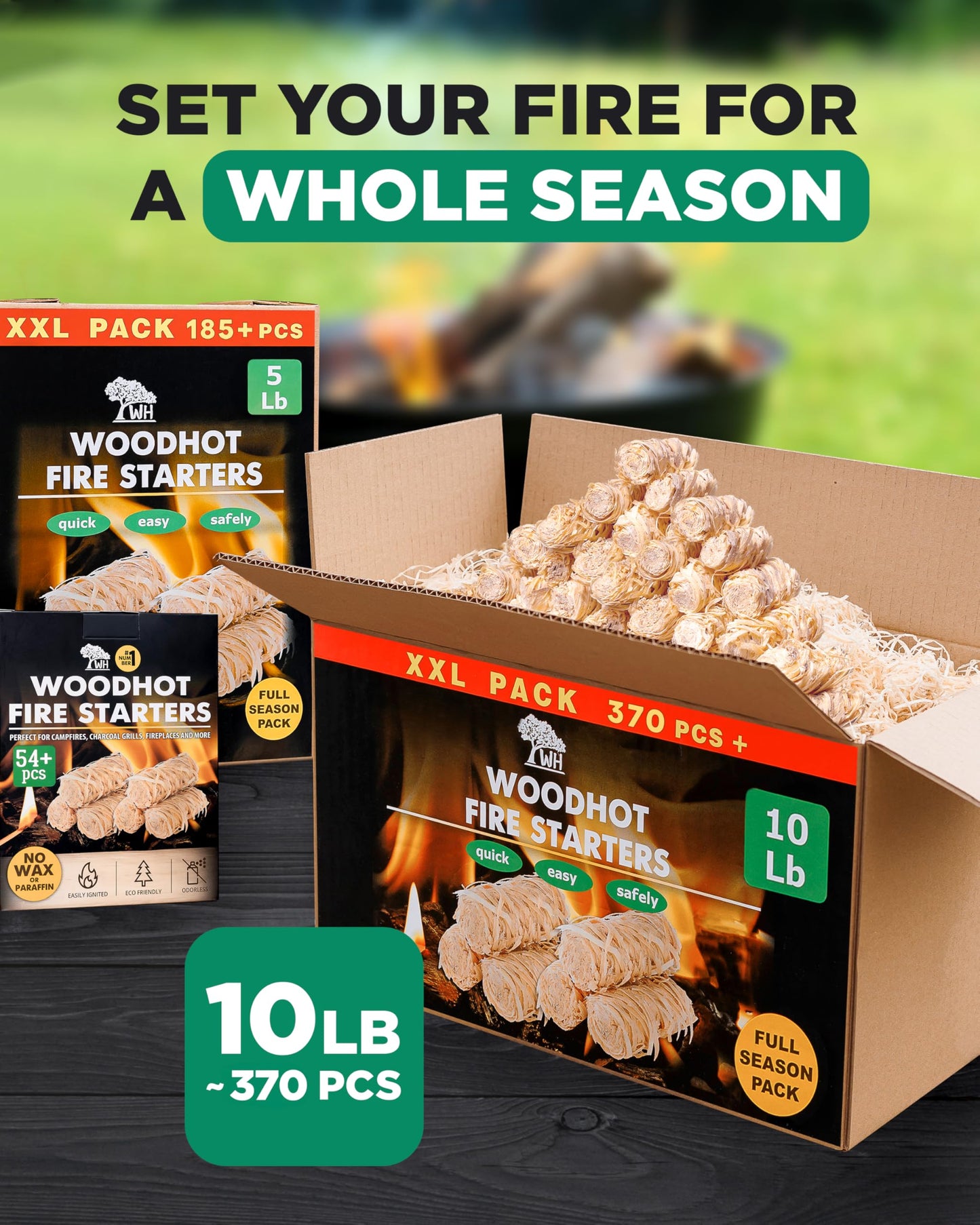 WH 370 pcs Natural Fire Starters for Campfires & Grill - 10lb Large Box - Long-Burning Charcoal Starters - Odorless Firestarters for Outdoor Fire Pit, Fireplace - Quick Ignite
