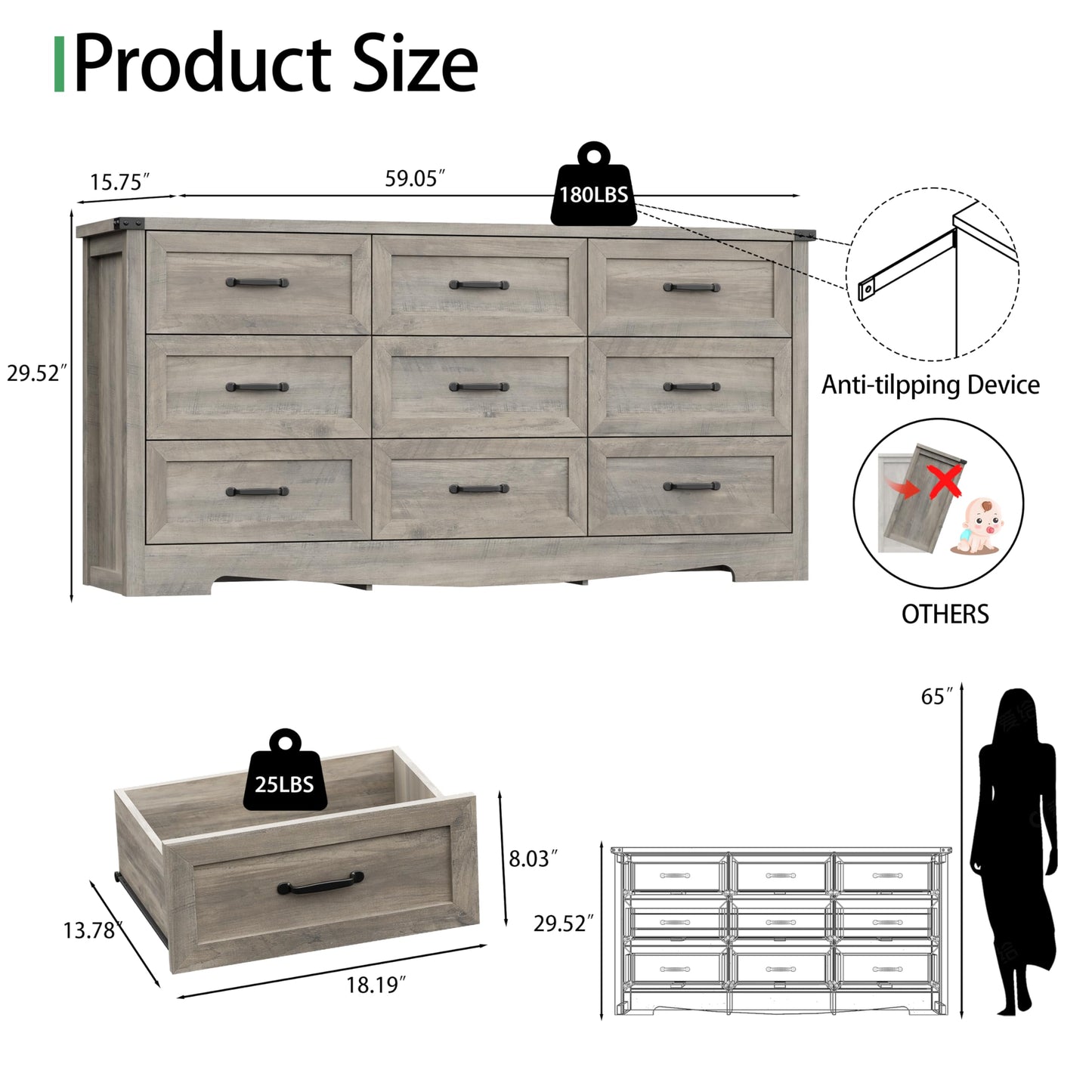 Dresser for Bedroom with 9 Drawers, 59" Wide Wood Chest of Drawers with Deep Drawers & Mental Handle, Modern Dresser TV Stand, Wooden Closet Storage Organizer for Living Room, Hallway, Entryway, Grey