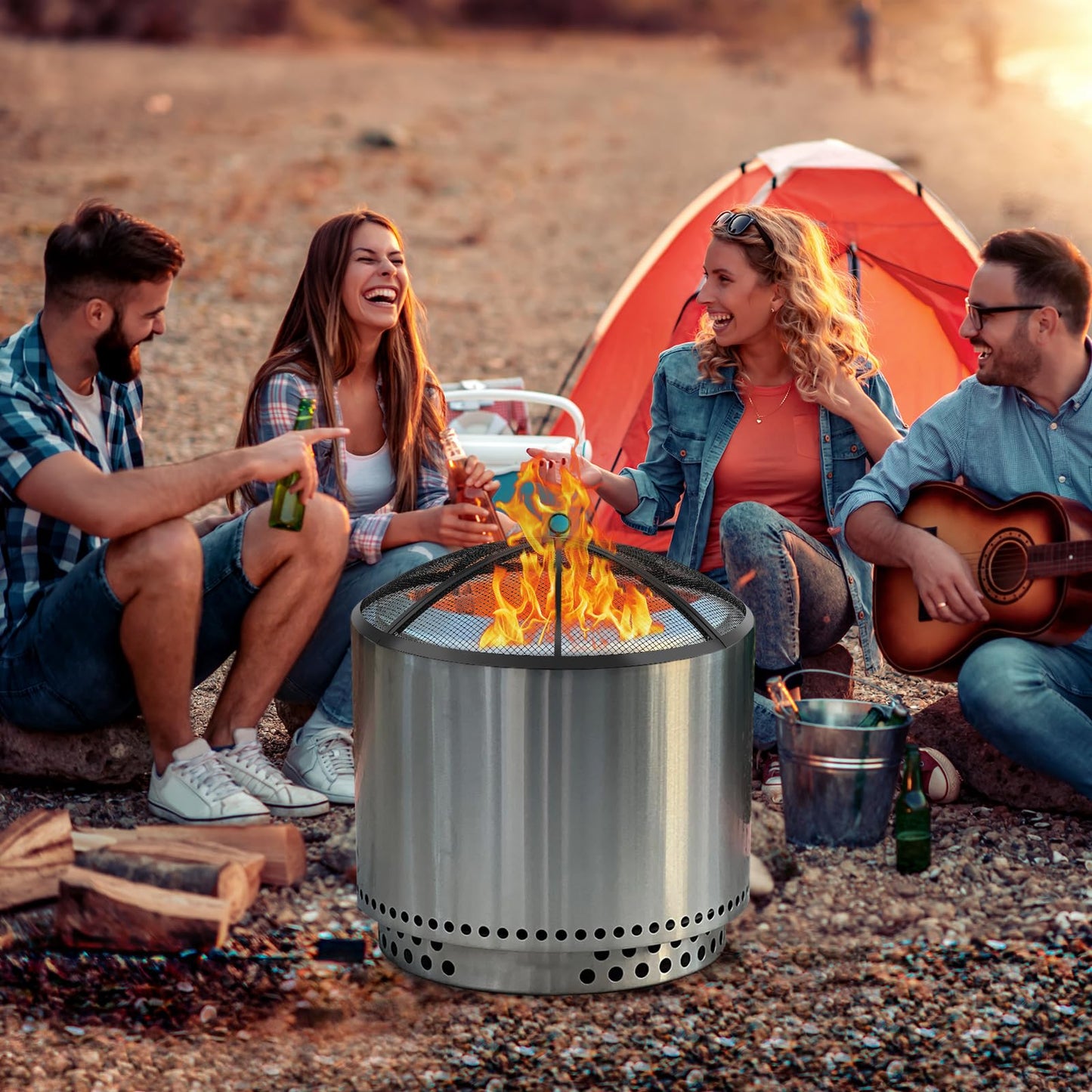 Fire Pit Spark Screen, Fire Pit Screen 24 Inch Round with Handle & Poker