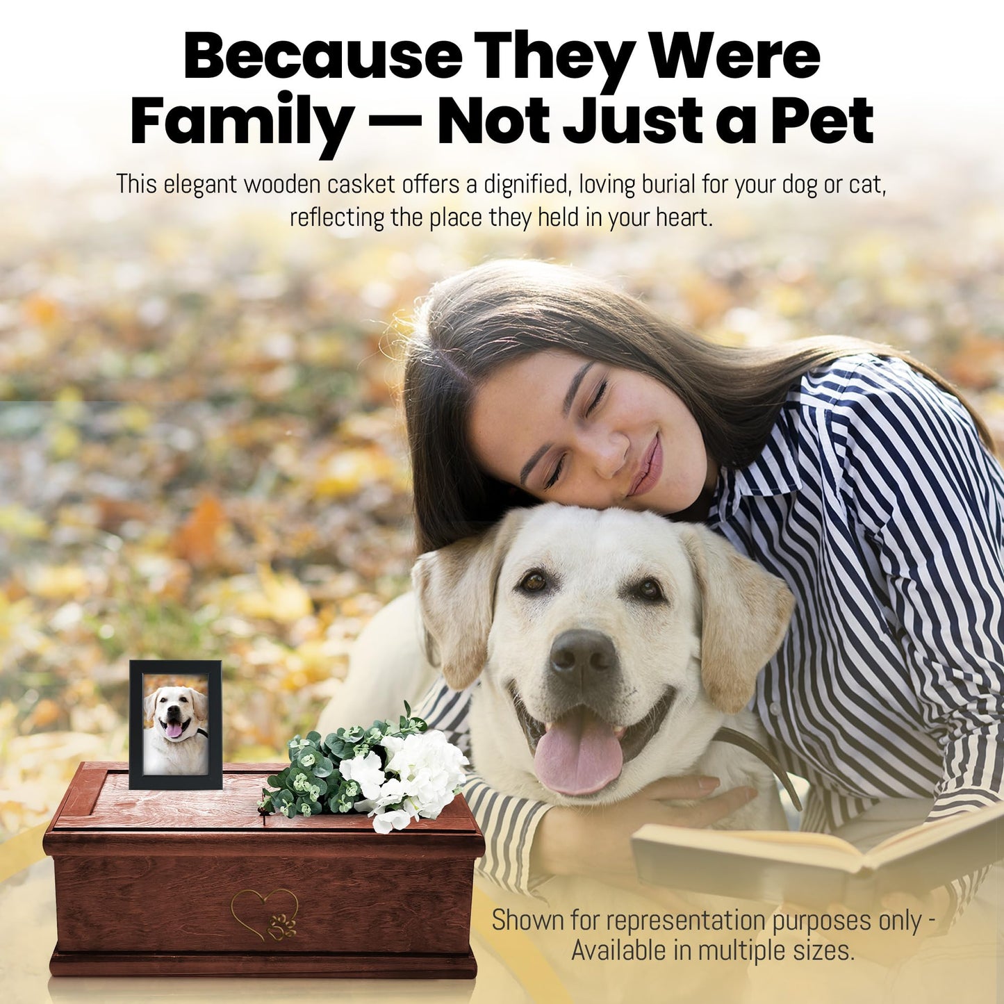 INTERWOOD Solid Wood Pet Casket - Natural Biodegradable Burial Coffin for Dogs & Cats, Handcrafted Hardwood Memorial Box with Secure Handles, Large 32 x 16 x 11 in Interior