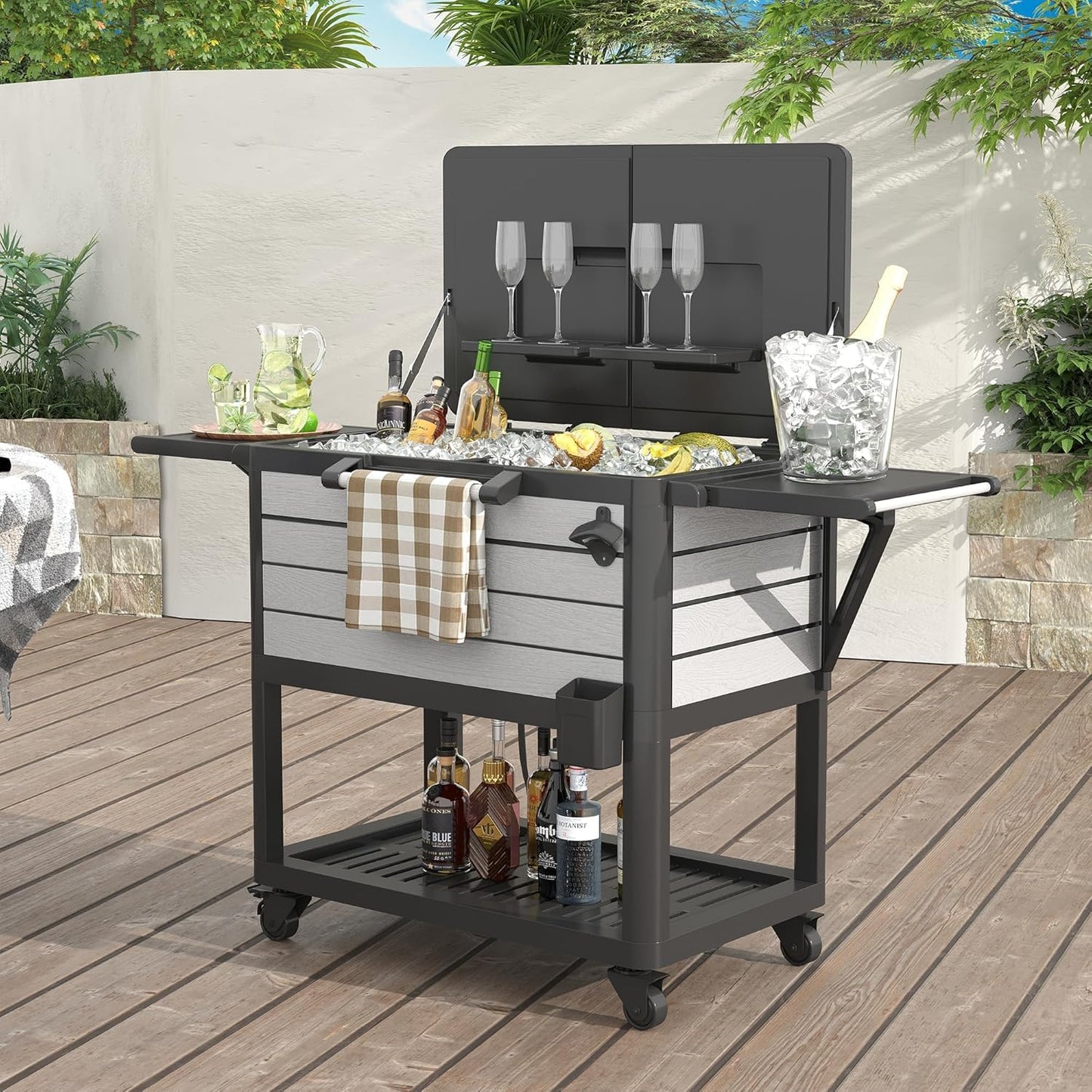 Patio Cooler with Wheels, 104 Qt Portable Rolling Ice Chest, Outdoor Beverage Bar Cart with Handles for Pool, Deck, BBQ, Cookouts Party-Grey