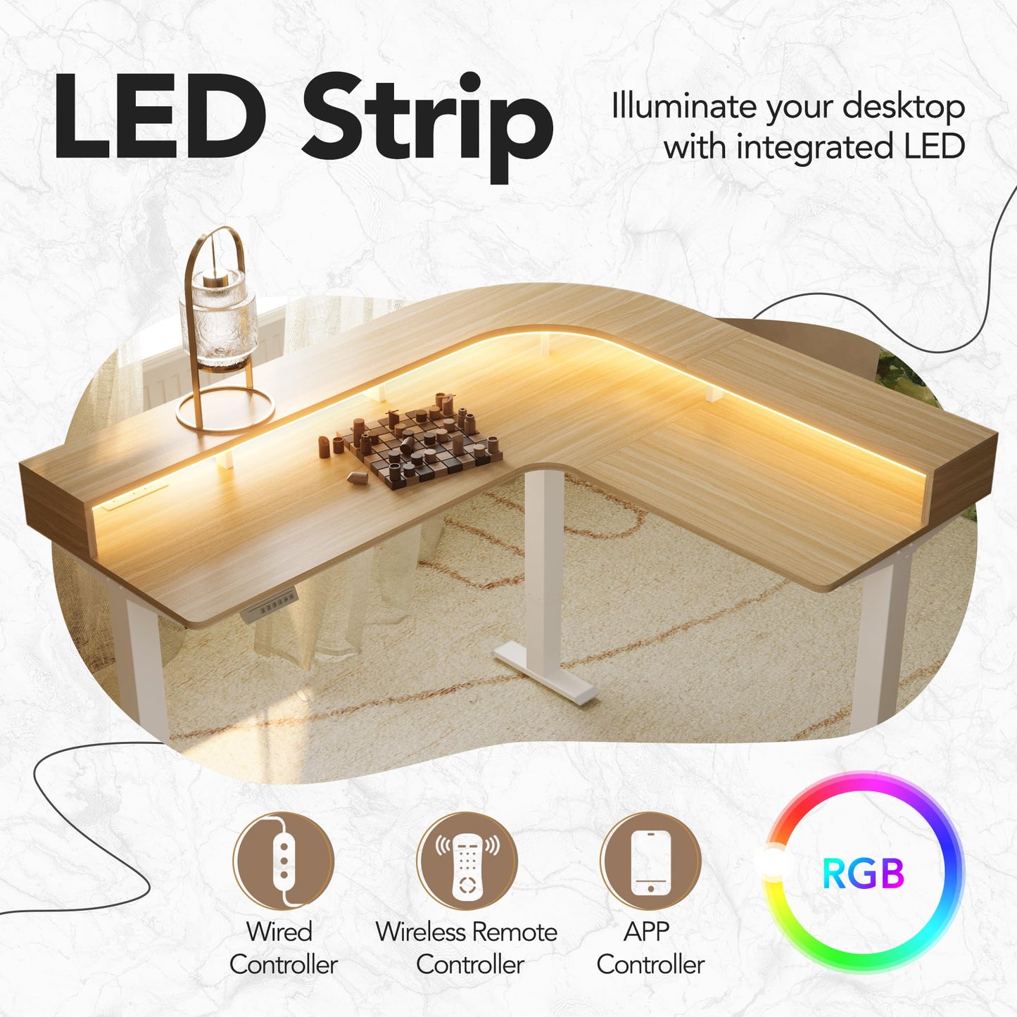 HUANUO Electric L Shaped Standing Desk with File Cabinet, 83" x 55" Height Adjustable Sit Stand up Desk with LED Strip, Power Outrlets & Cable Management Tray, Corner Computer Table, Light Walnut
