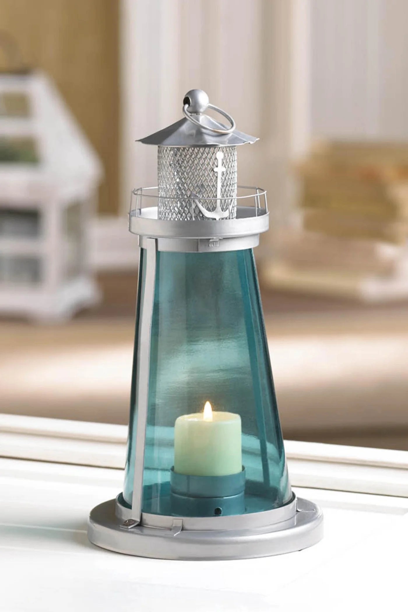 BLUE GLASS WATCH TOWER CANDLE LAMP