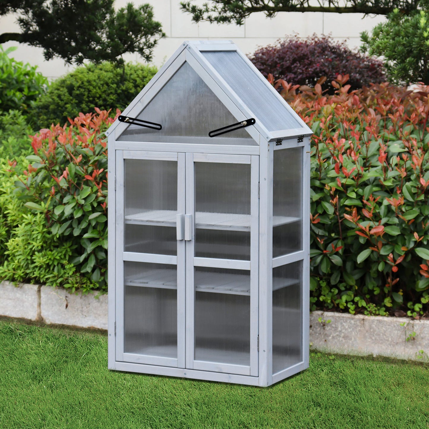 WizSeq Wooden Mini Greenhouse Outdoor, 52.3" Cedar Cold Frame Plant Stand with Adjustable Roof, Removable Shelves and Wall Brackets for Patio, Balcony, Garden, French Gray
