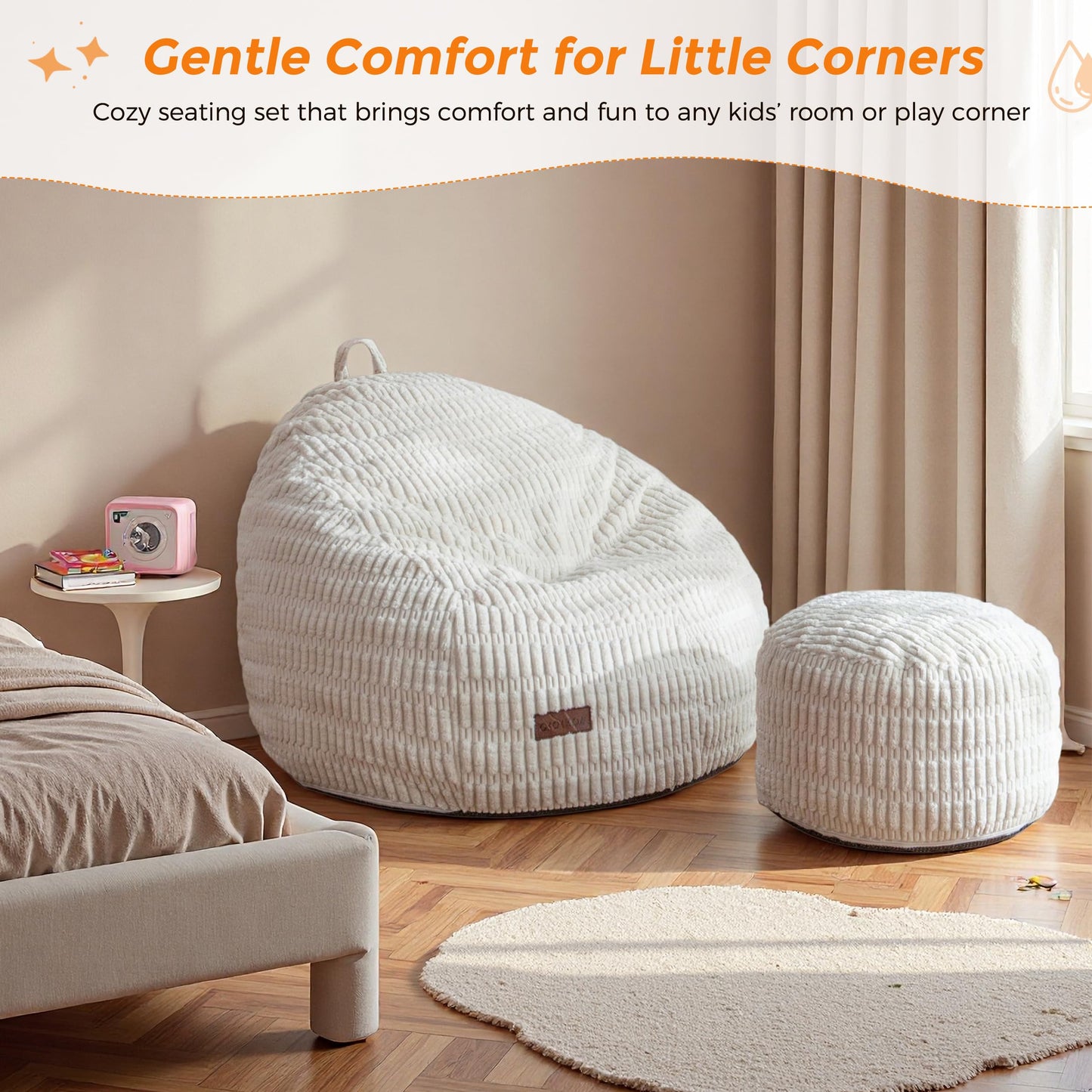 MAXYOYO Kids Bean Bag Chair with Ottoman, Soft Plush Bean Bag Sofa with Removable Cover for Boys and Girls, Convenient Floor Seat with Handle, Comfy Toddler Lounge Chair for Playroom, Bedroom
