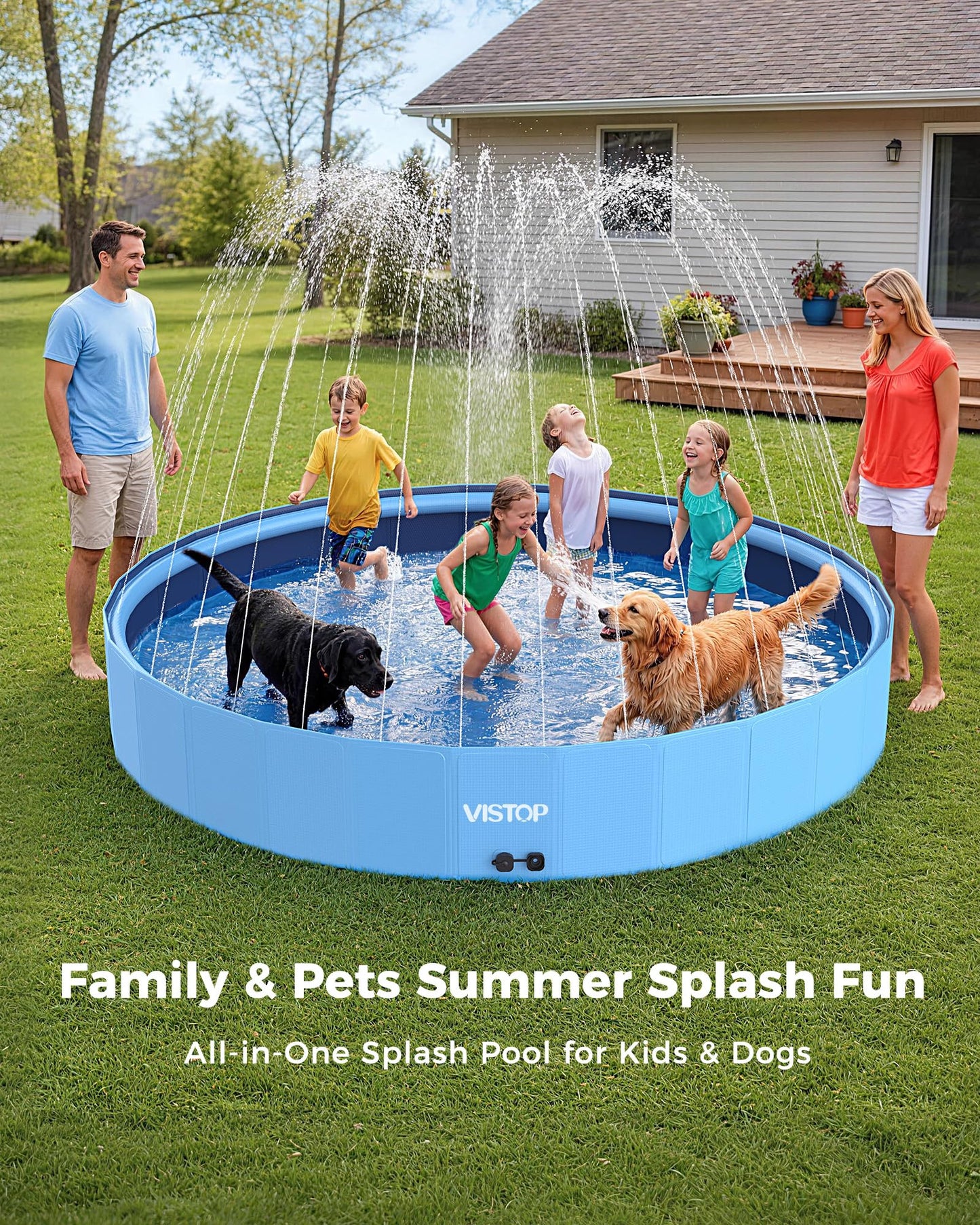 VISTOP 117" Extra Large Dog Pool with Sprinkler, Heavy Duty Foldable Hard Plastic Kiddie Pool, Non-Slip Collapsible Swimming Pool for Dogs, Kids & Pets, Portable Outdoor Backyard Water Play Tub