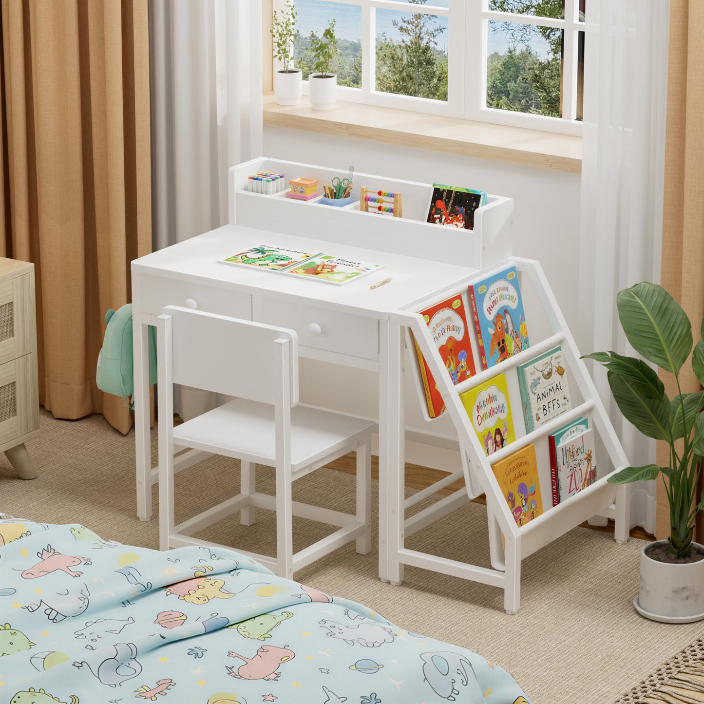 MomZi White Kids Desk and Chair Set for 5-8 Year Old Girls Boys, Small Child Desk with Bookshelf, Children Study Table with Fabric Drawer and Storage