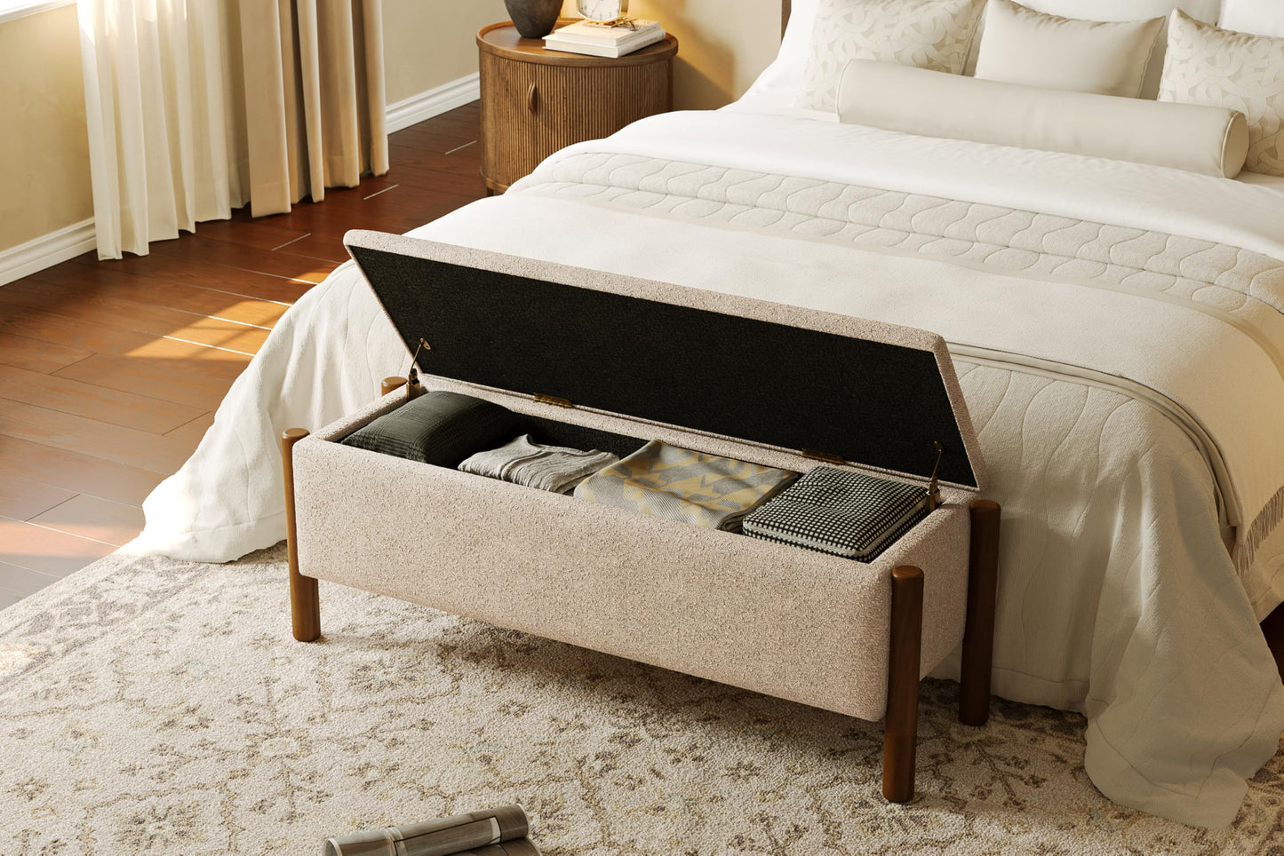 Quenvo Modern Storage Benches with Walnut Wood Legs, 47'' Ottoman Bench with 20 Gallons Storage Space for Bedroom End of Bed, Fabric Upholstered Entryway Bench with Seating for Livingroom, Beige
