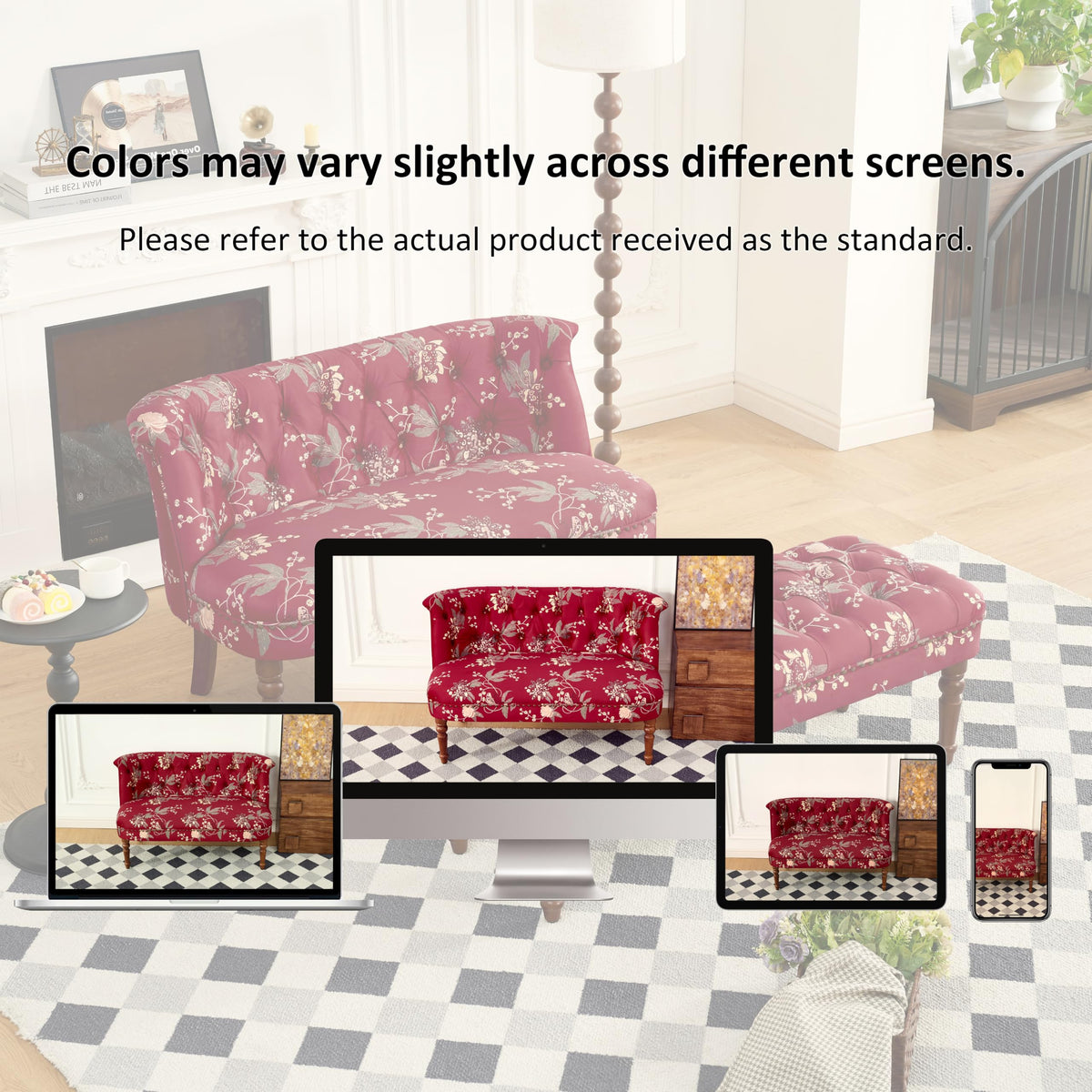 KEIKI 47.25" Floral Loveseat, Tufted Fabric Settee Couch, Red