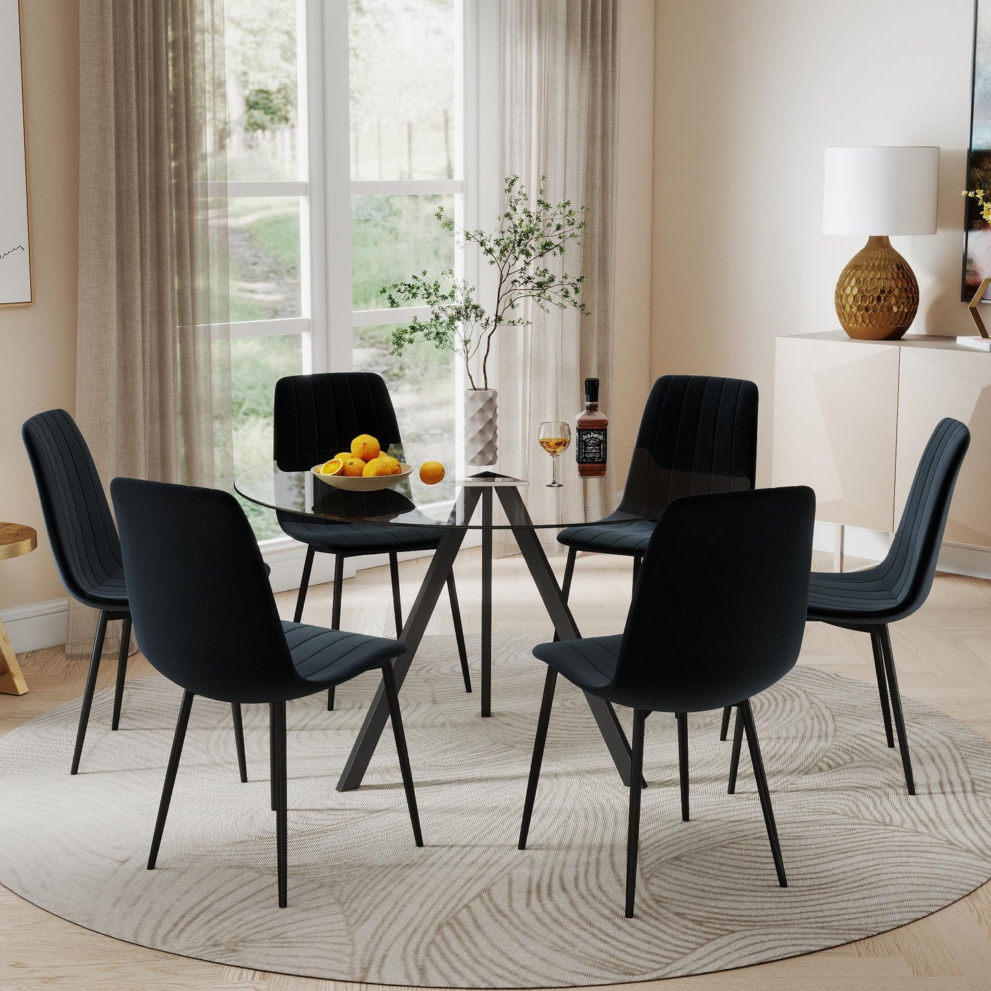 SIZOTA Round Dining Table for 4, 47" Modern Glass Dining Table, Leisure Coffee Table, Kitchen Circle Dinner Table, Saving Space(Black)