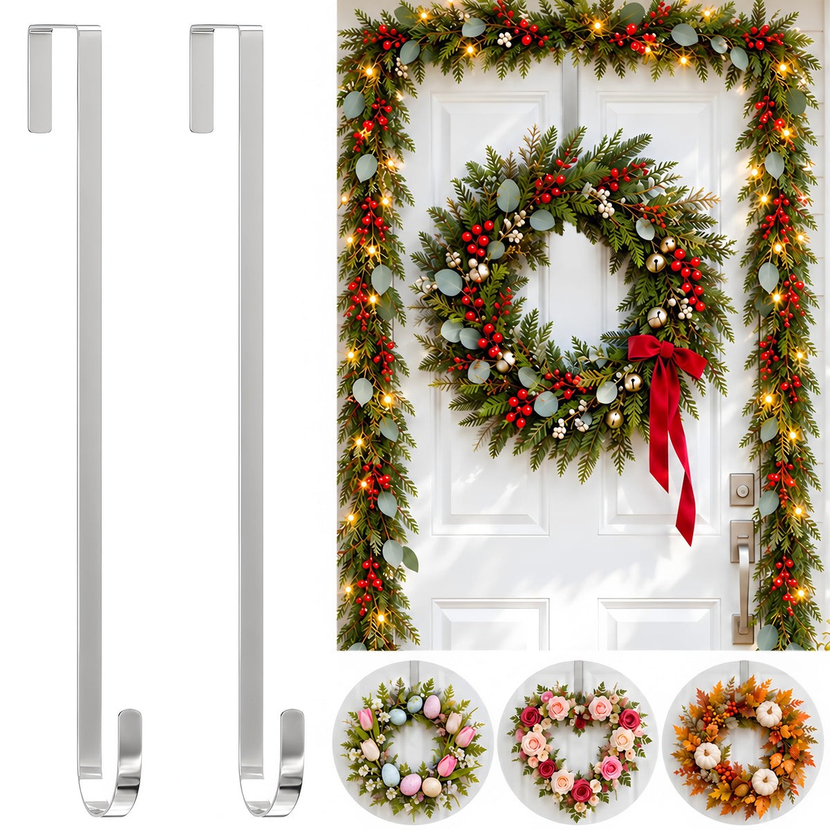 2 Pack Wreath Hangers for Front Door Christmas Decor, Over the Door Hooks