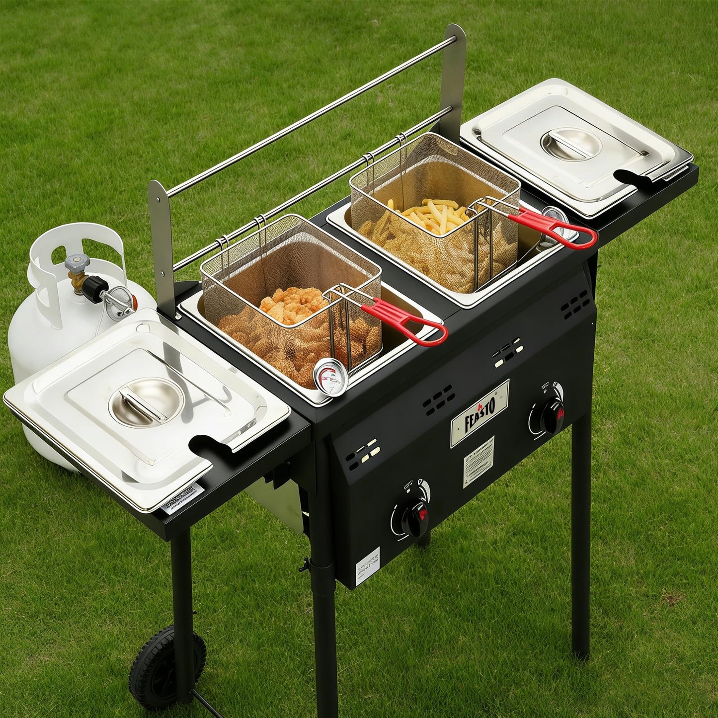 Feasto Outdoor Propane Deep Fryer, Dual Tank with Dual Independent Cast Iron Burners and Thermometers, Removable Fryer Pot, Baskets & Lids, Movable Propane Fryer Cart with Regulathor, 50000 BTU
