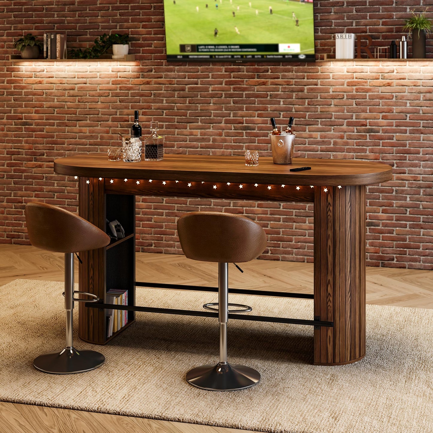 59" Bar Table with Storage - Walnut Vintage Counter Height Table, 6-Seater Pub Table with Metal Footrest, Wooden Round Edge Bar Counter, Home Bar Unit for Kicthen Island, Dining Room, Media Room