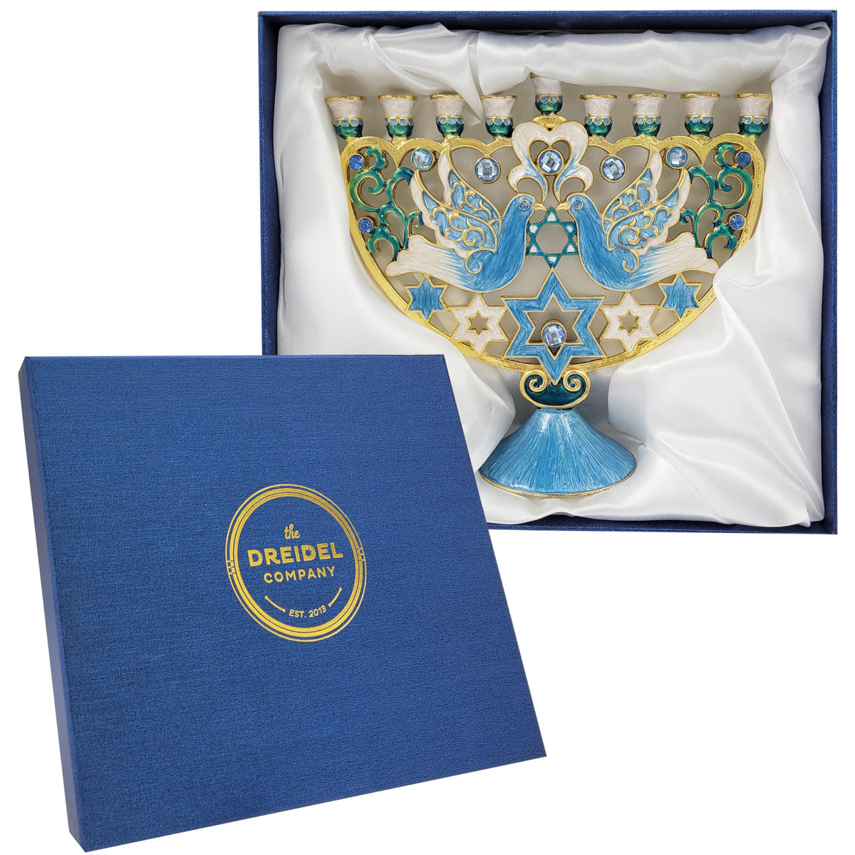 The Dreidel Company Hanukkah Large 12-Inch Tall Menorah Hand Painted Enamel, Star of David Magen David & Blue Bird Design, Hand-Painted Enameled Metal