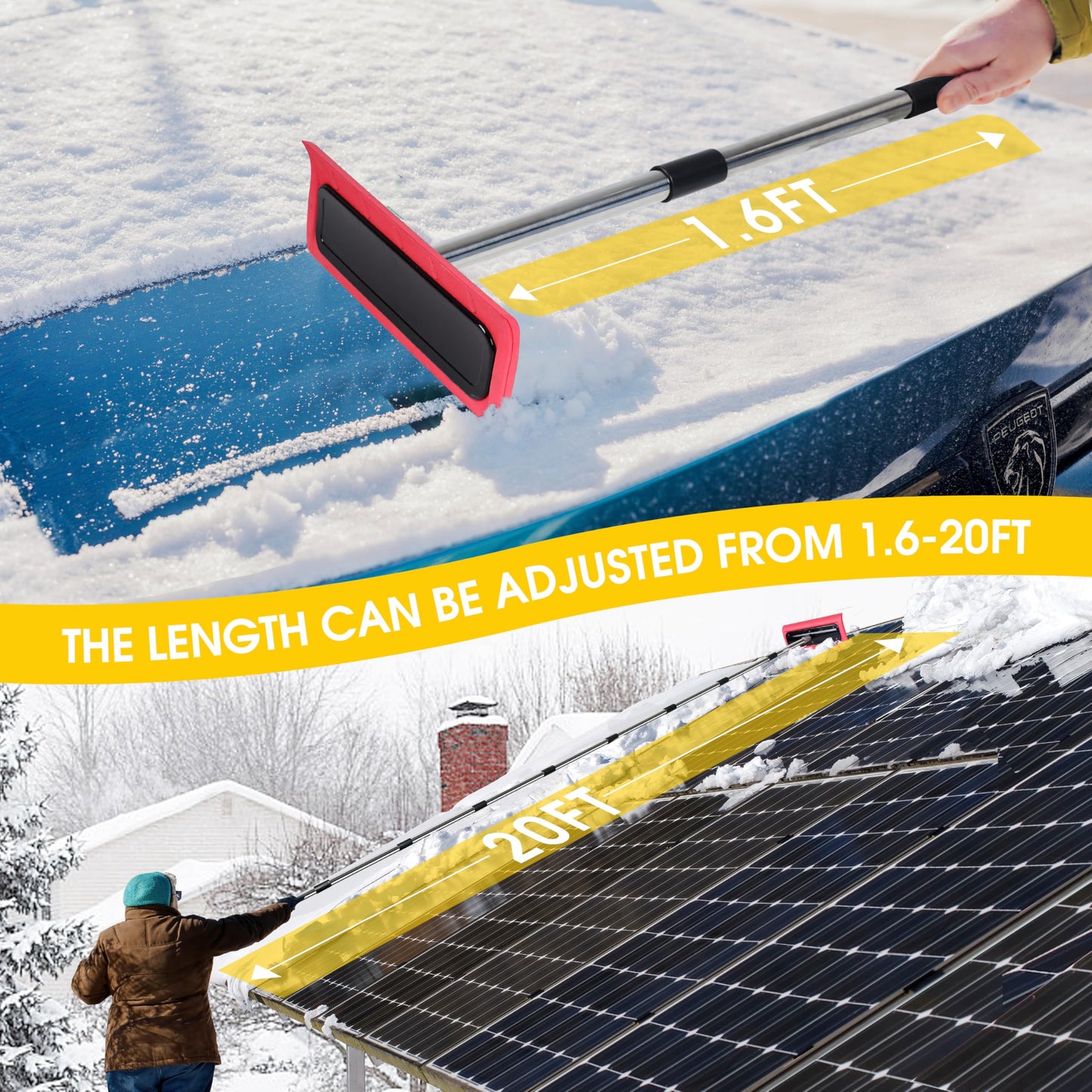 2-in-1 Leaf Roof Brush and Snow Rake, Roof Cleaning Brush & Leaf Removal Tool, Adjustable 5-20ft Cleaning Brush Tool for Cleaning Shingles, Solar Panels, Car Tops with No-Scratch Head