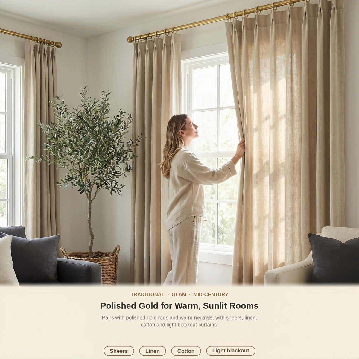 XHLTTBD Polished Gold Metal Curtain Rings with Eyelets, 40 Pack 1.25 Inch Opening Fits 1 to 1.2 Inch Curtain Rods, Closed Iron Drapery Rings for Pinch Pleat Drapes, Rings Only, No Clips or Hooks