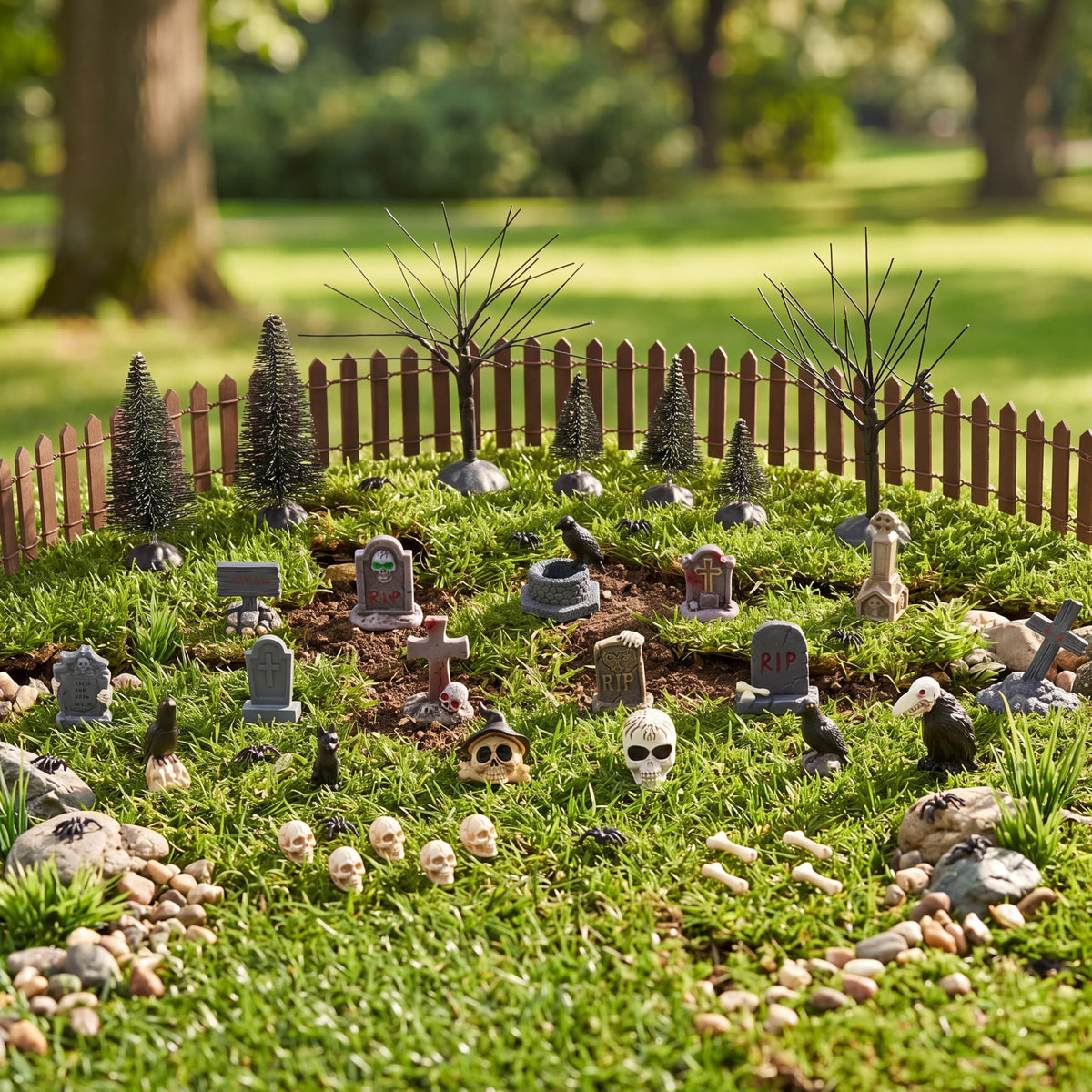 JOYIN 61 Pcs Halloween Village Accessories Set Miniature Graveyard Decorations, Mini Tombstones, Crows, Black Cat, Skulls, Spiders, Fence and Trees for Halloween Town Mini Scene Garden Dollhouse Decor