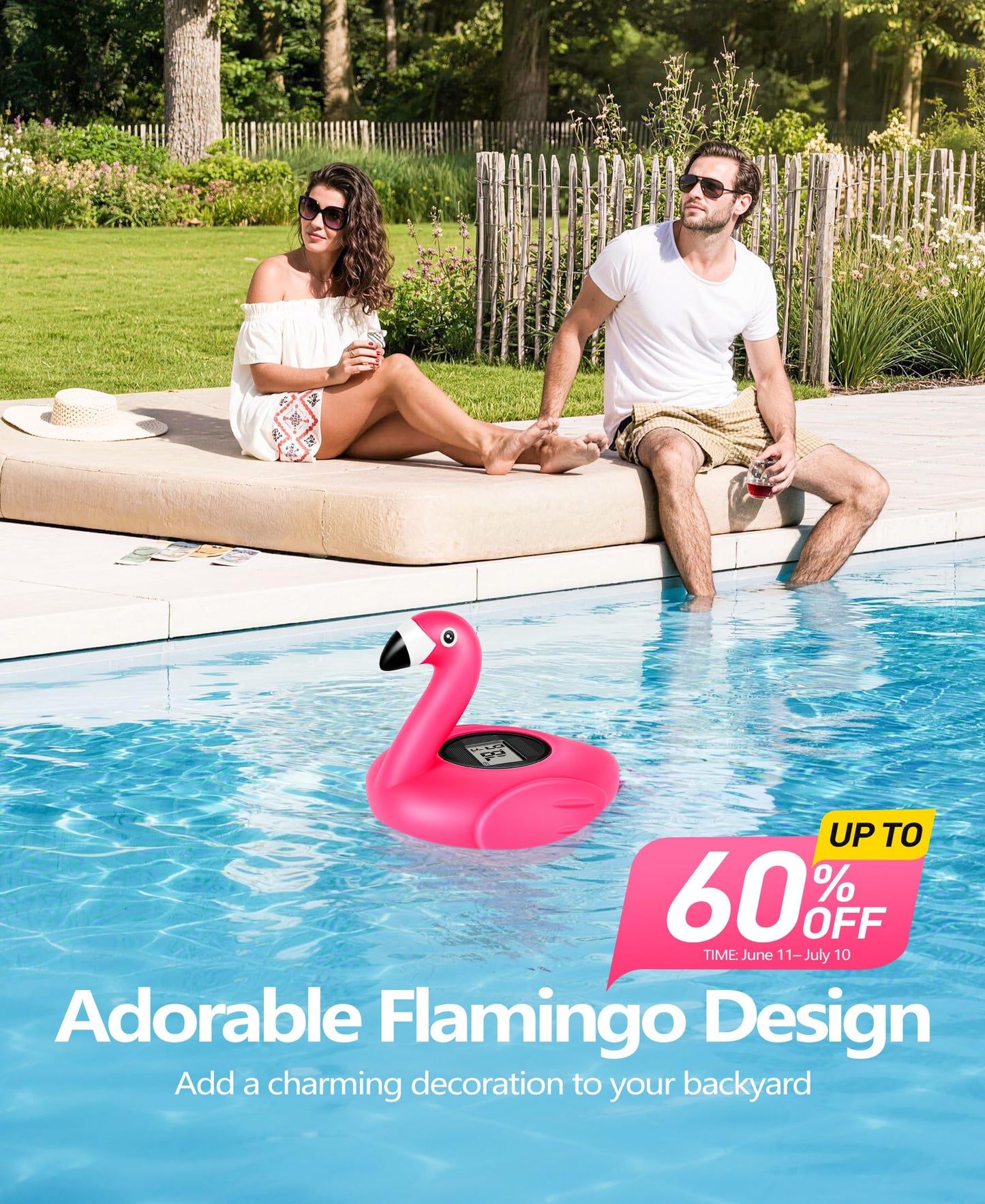 PoolLeader 2026 Flamingo Pool Thermometer Solar-Powered | Auto Backlight for Easy Night Read | Pool Temperature Thermometer with Rope | Floating Pools Temperature Gauge for Hot tub- All Round Year Use