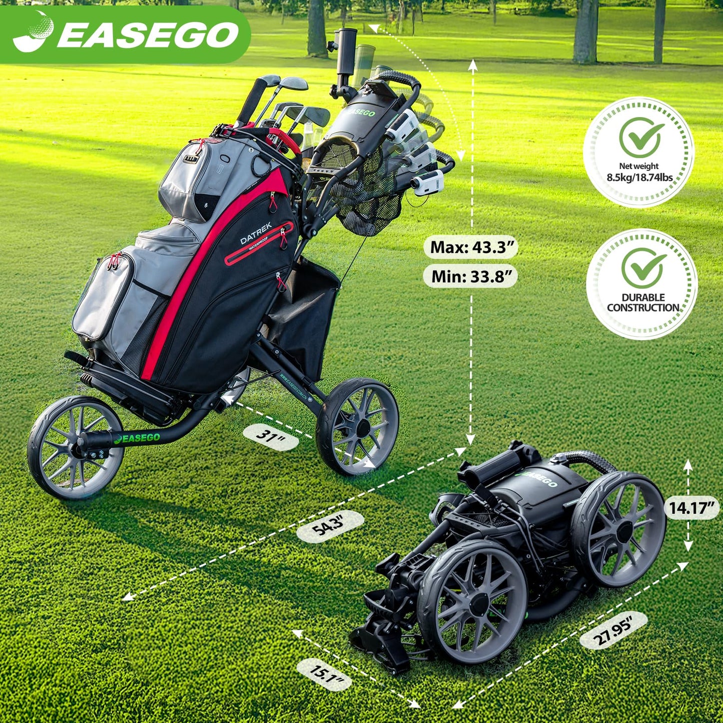 EASEGO Golf Push Cart 3 Wheel : Golf Caddy Pull Cart, One Click Folding Golf Bag Cart Lightweight Compact Golf Trolley with Cooler Bag, Umbrella, Cup & Phone Holder for Different Terrain