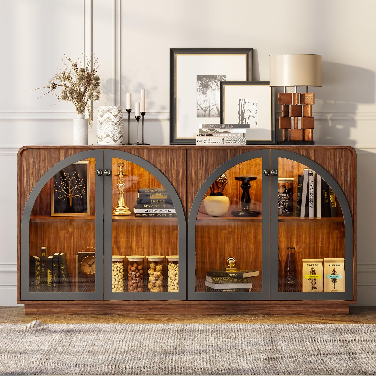 beronbaer Sideboard Buffet Cabinet with Storage, 68" Walnut Credenza Accent Cabinet Buffet Table w/4 Arched Glass Doors & LED Light, Modern Coffee Bar Liquor Cabinet w/2 Shelves for Kitchen Entryway