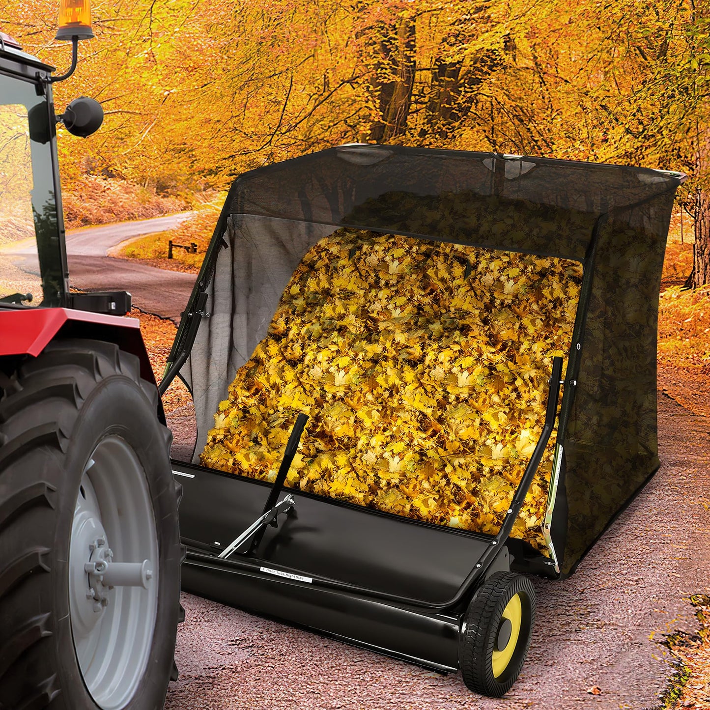 44" Pull Behind Lawn Sweeper, Large Capacity 26 Cu. ft. Leaf & Grass Collector with Adjustable Brush Height, Foldable Design, Dumping Rope for Picking Up Grass and Debris