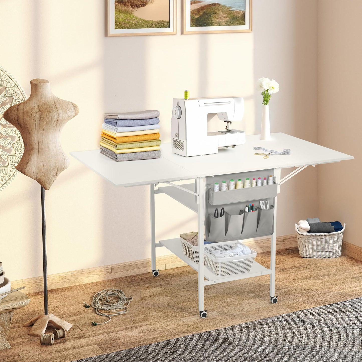 EROMMY Home Hobby Sewing Table with Storage Shelves and Storage Bag, Mobile Folding Cutting Table for Large Fabric, Foldable Desk for Home Office Sewing Room Craft Room, Fixed Height 36in