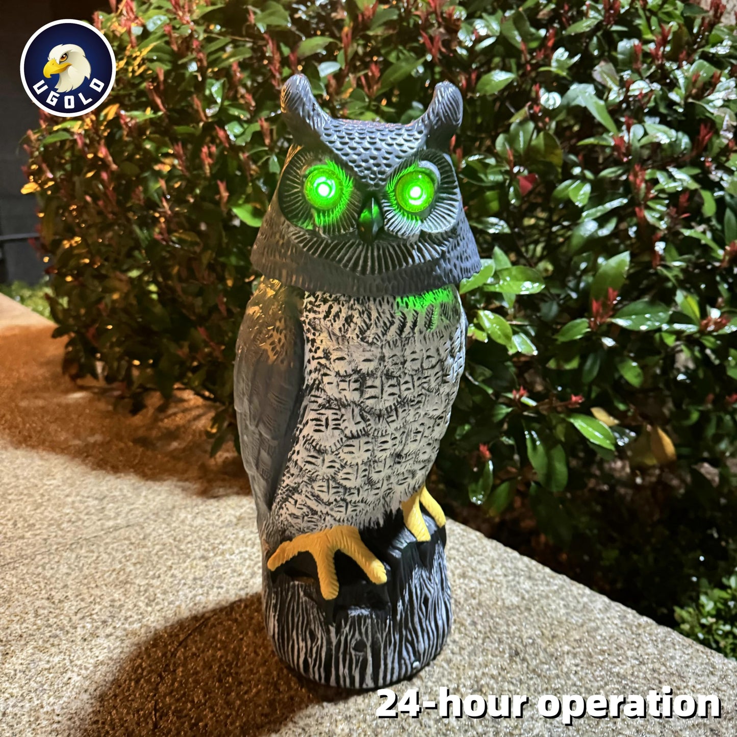 Ugold Solar Powered Garden Owl with Motion Detection, Rotating Head, Realistic Hoots and Silent Mode, Outdoor Statue and Sculpture, Owl Decoration for Home, Garden, Patio and Lawn